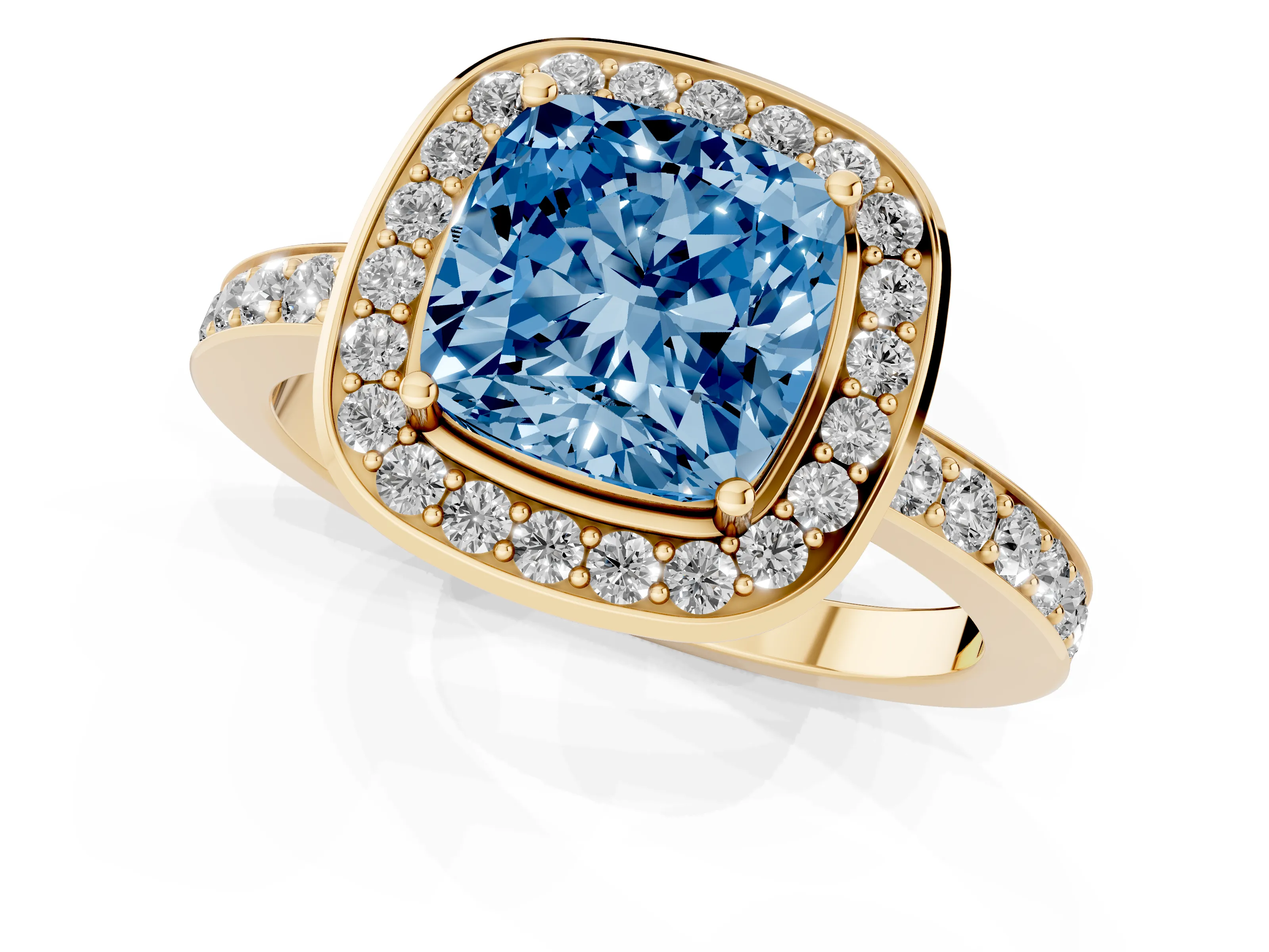 Fancy Blue Cushion Cut Diamond Halo Ring Set in Yellow gold with Bezel Frame and Pavé Band