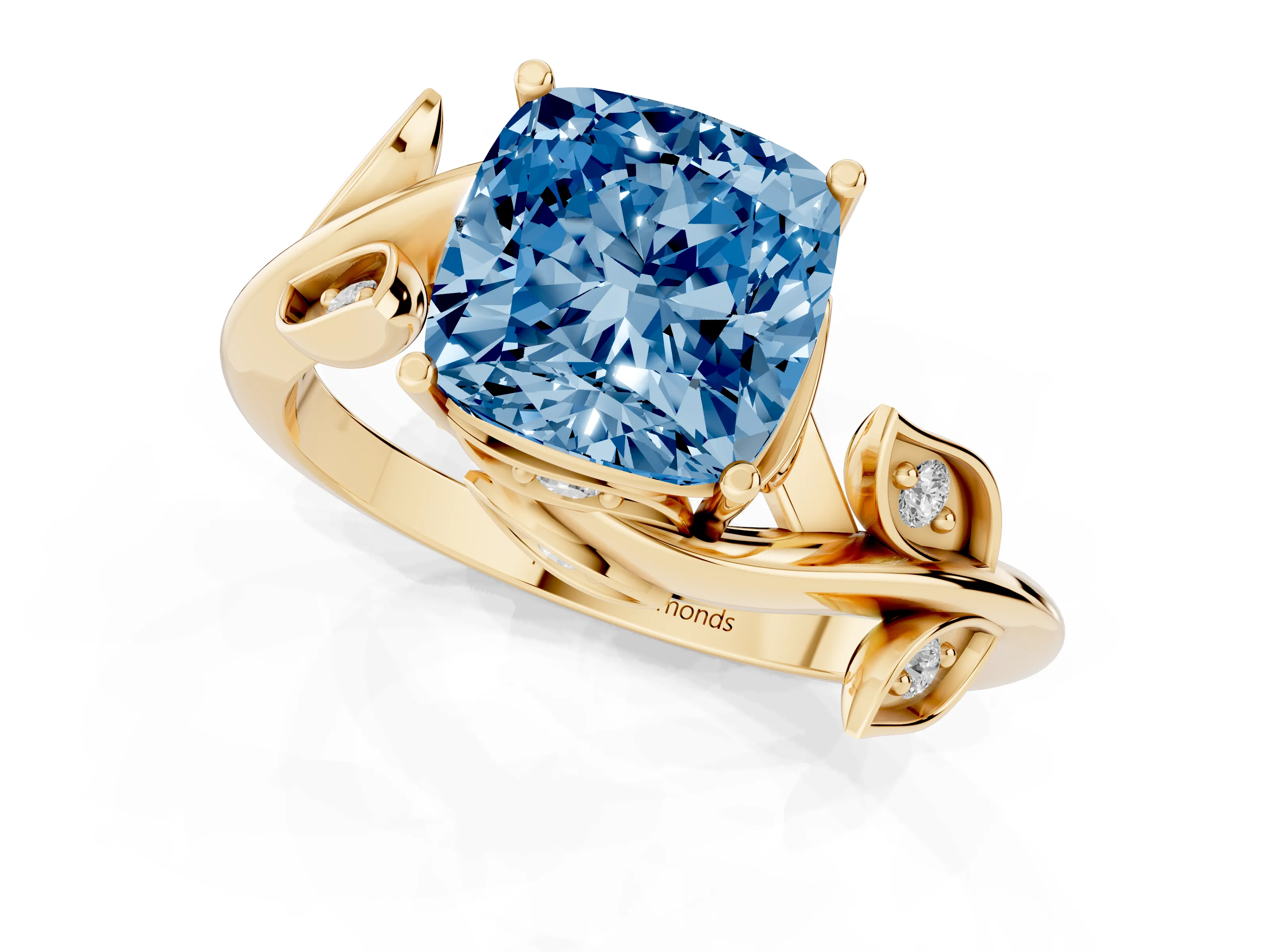 Fancy Blue Cushion Cut Diamond Solitaire Twist Engagement Ring Set in Yellow gold with Pavé Leaf Accents