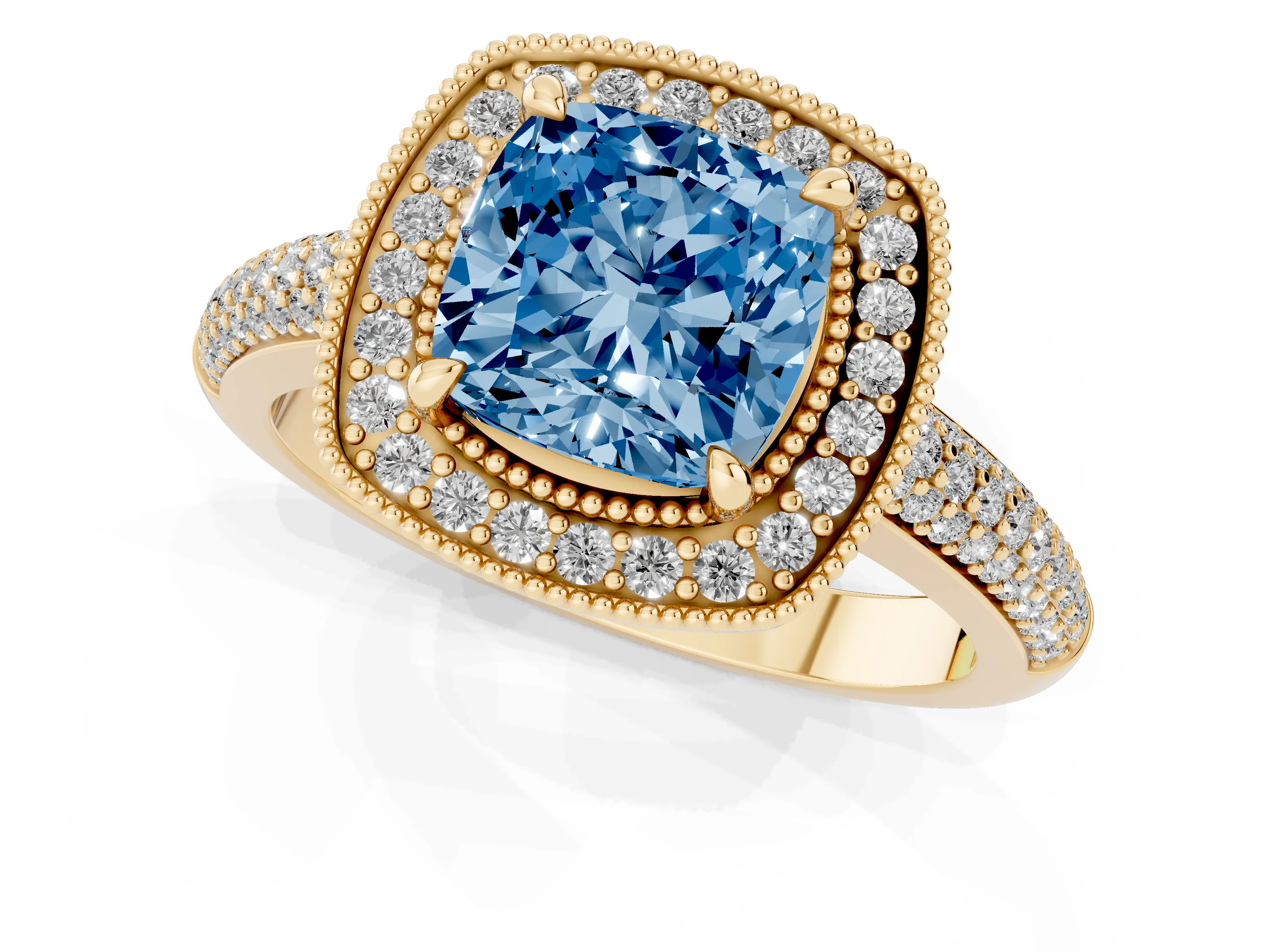 Fancy Blue Cushion Cut Diamond Halo Pavé Band Set in Yellow gold with Prong Setting