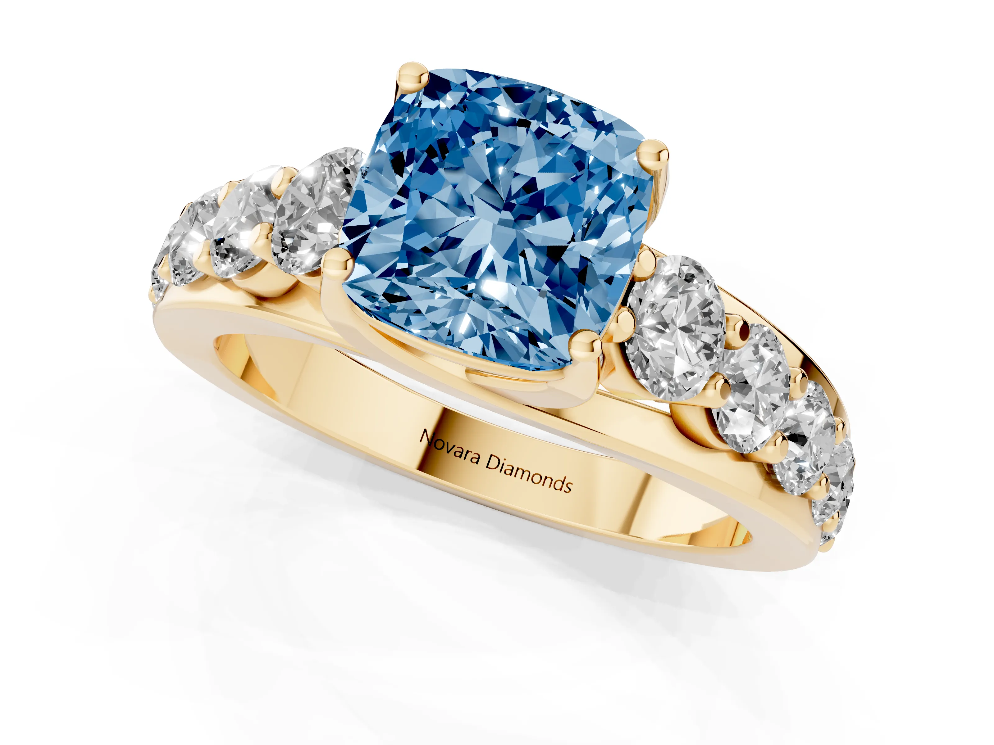 Fancy Blue Cushion Cut Diamond Pavé Engagement Ring Set in Yellow gold with Prong Setting
