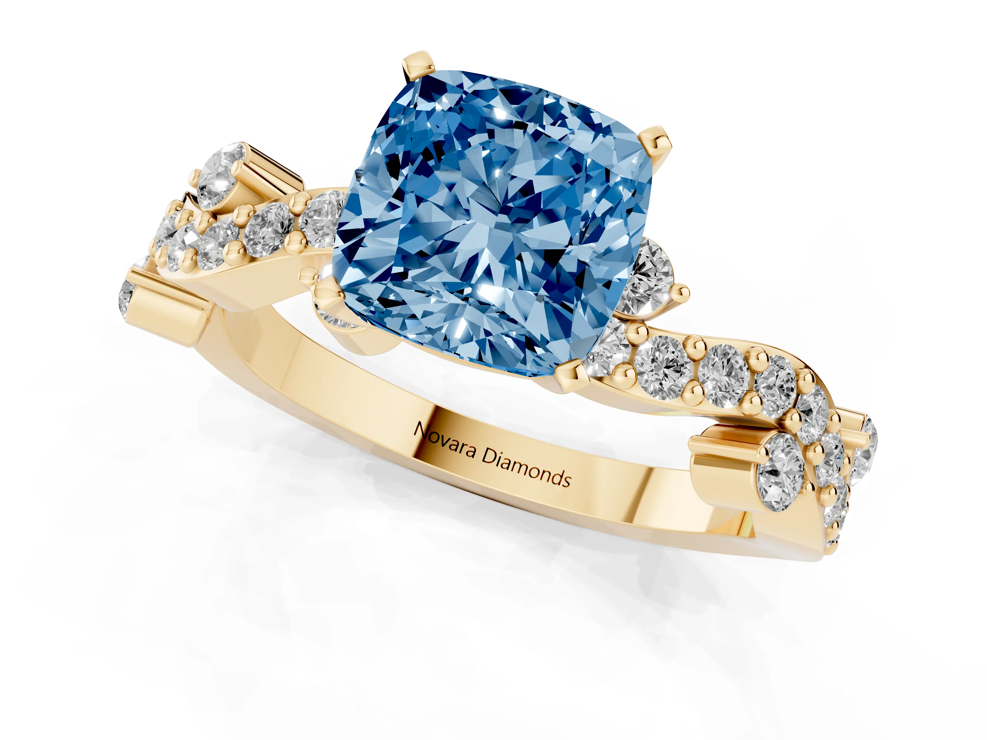 Fancy Blue Cushion Cut Diamond Solitaire Twisted Band Set in Yellow gold with Pavé Setting