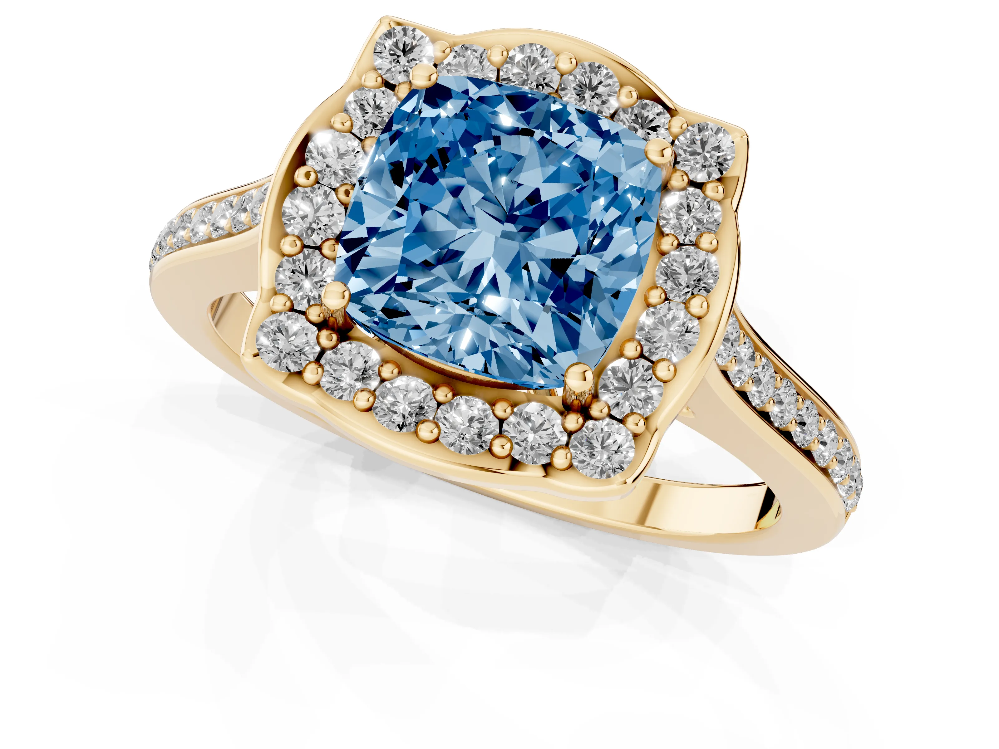 Fancy Blue Cushion Cut Diamond Halo Ring Set in Yellow gold with Pavé-Lined Shoulders and Prong Setting