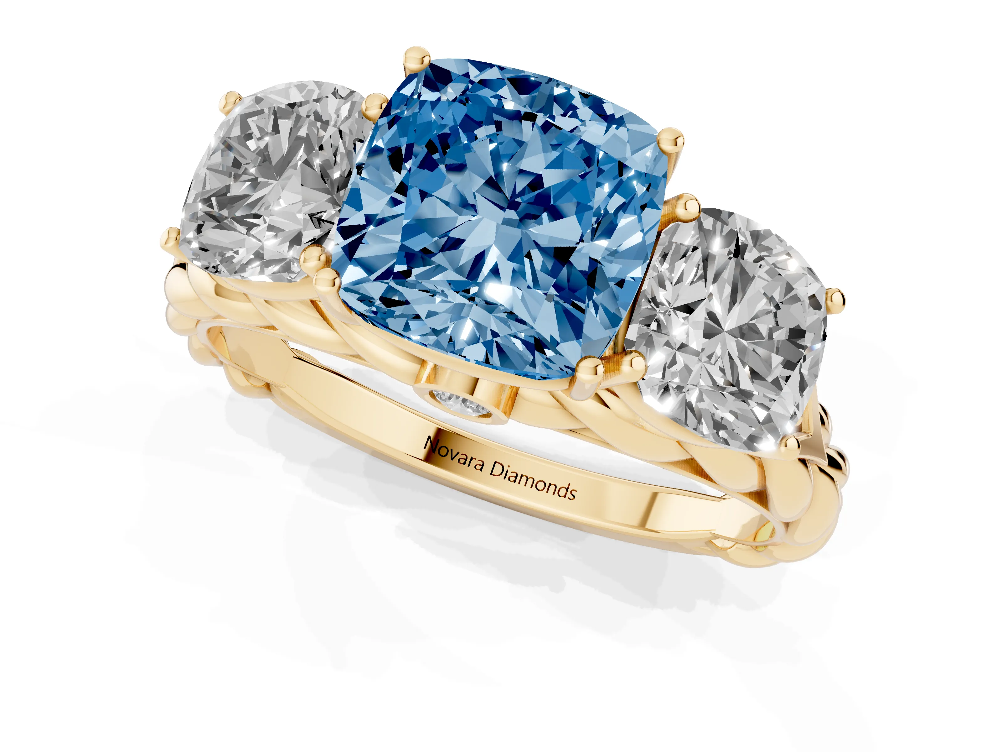 Fancy Blue Cushion Cut Diamond Three-Stone Ring Set in Yellow gold with Braided Band