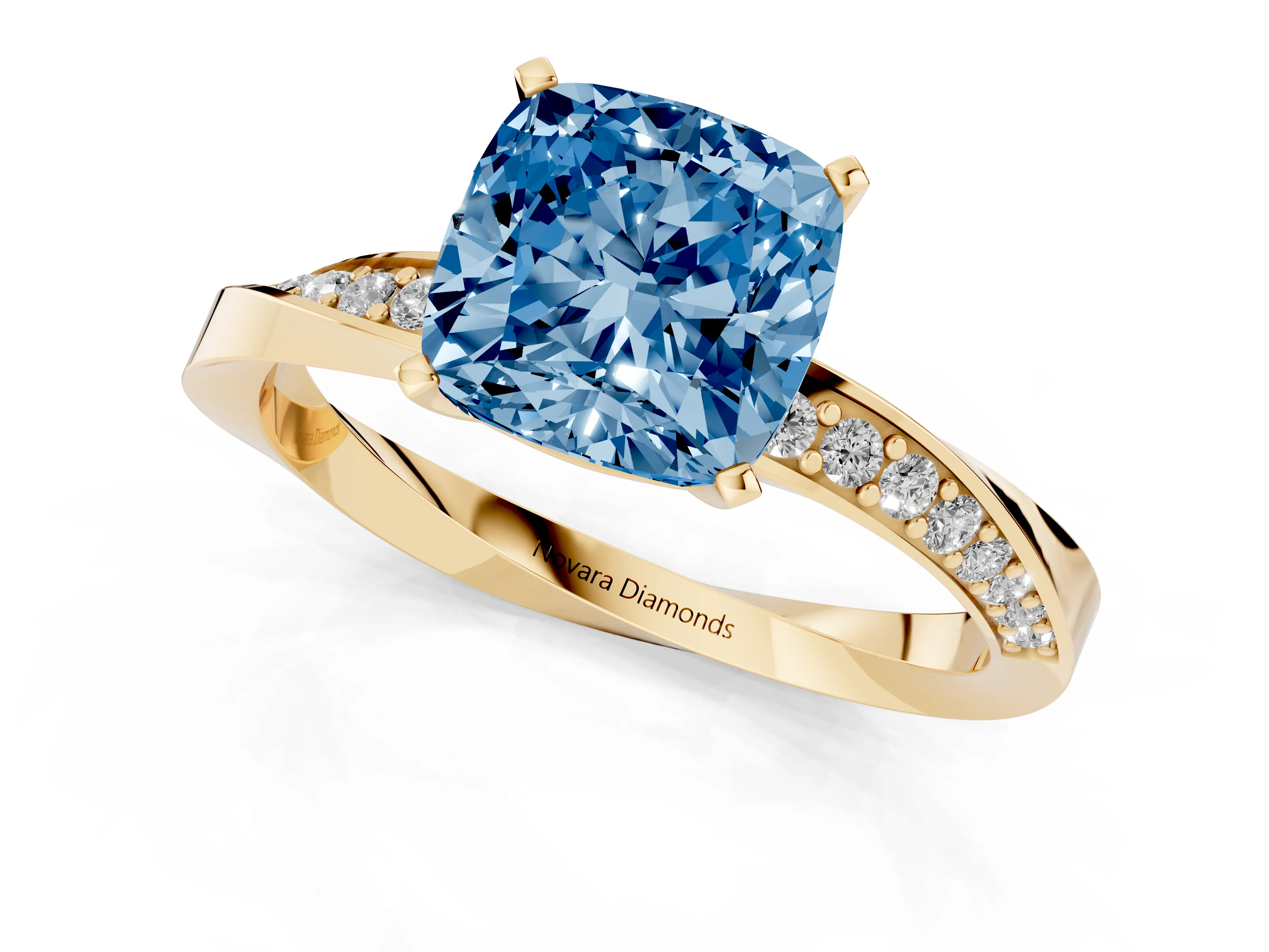 Fancy Blue Cushion Cut Diamond Engagement Ring Set in Yellow gold with Side Stone Accents and Prong Setting