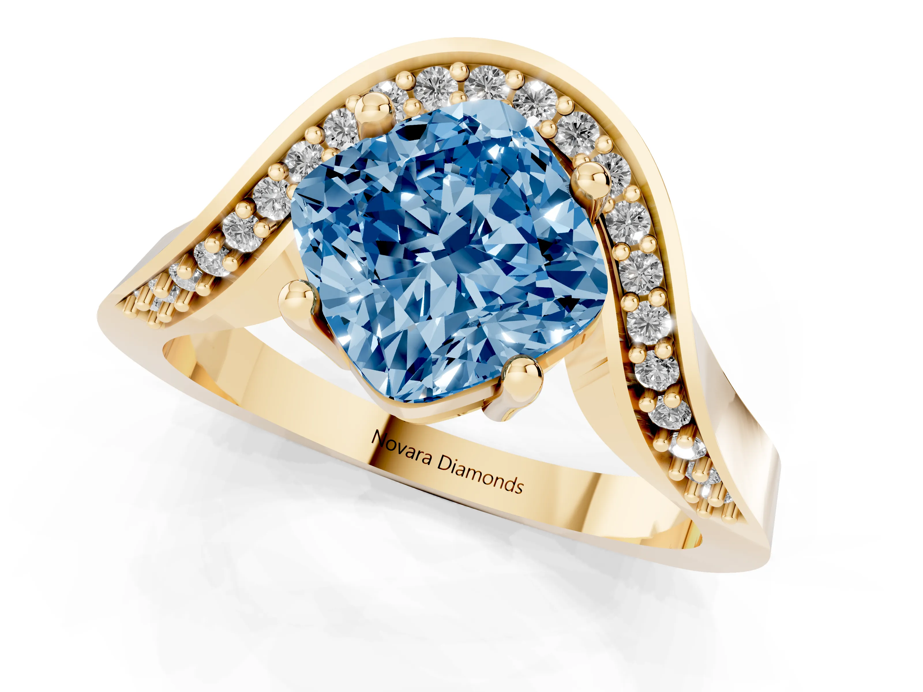 Fancy Blue Cushion Cut Diamond Solitaire Engagement Ring Set in Yellow gold with Pavé Shoulders