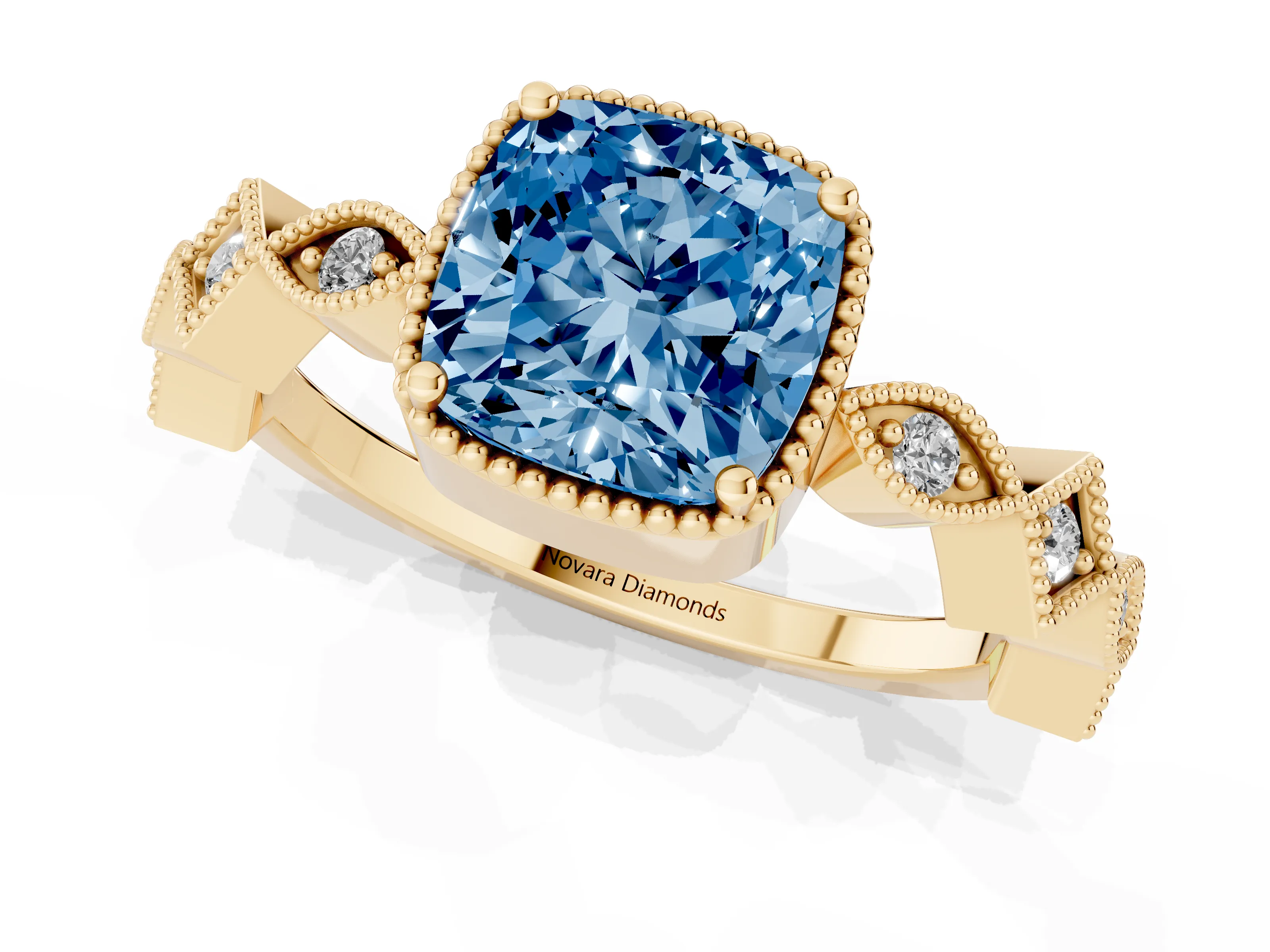 Fancy Blue Cushion Cut Diamond Milgrain Marquise Twist Band Ring Set in Yellow gold with Prong Setting