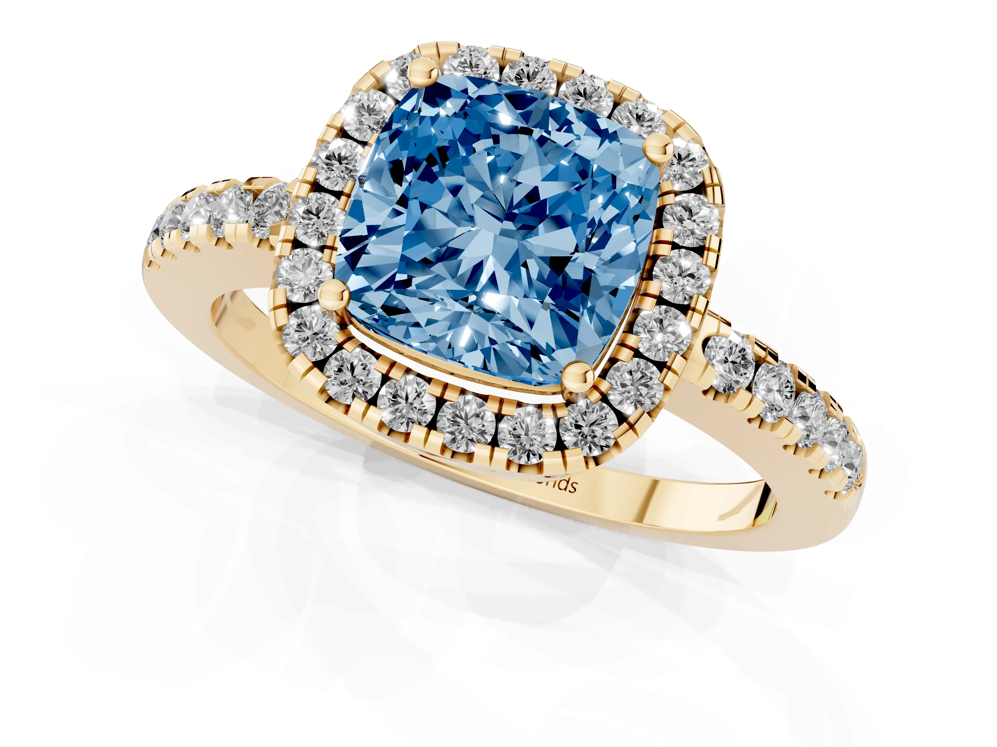 Fancy Blue Cushion Cut Diamond Pavé Band Halo Engagement Ring Set in Yellow gold with Prong Setting