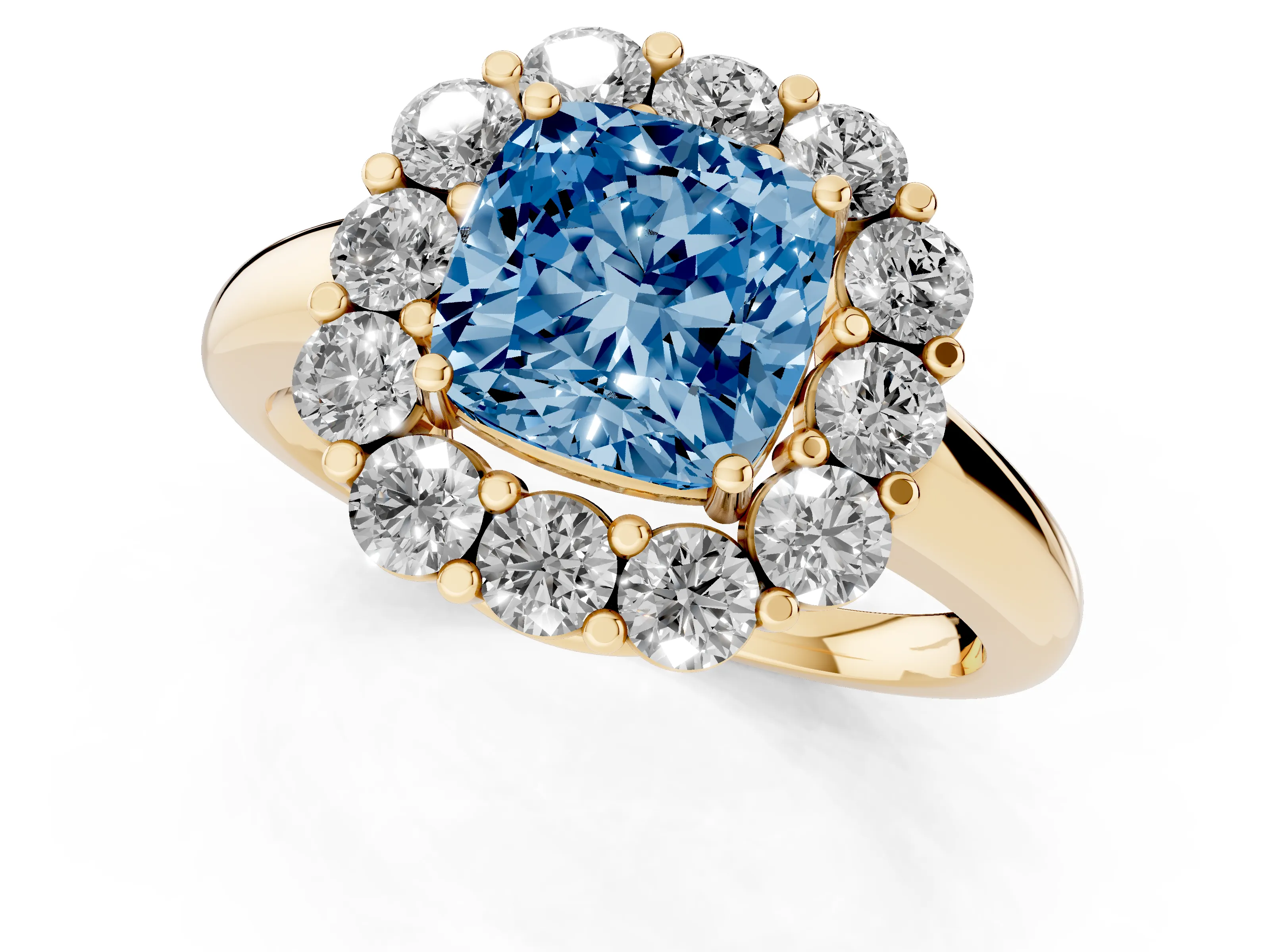 Fancy Blue Cushion Cut Diamond Halo Cluster Engagement Ring Set in Yellow gold with Polished Band and Prong Setting