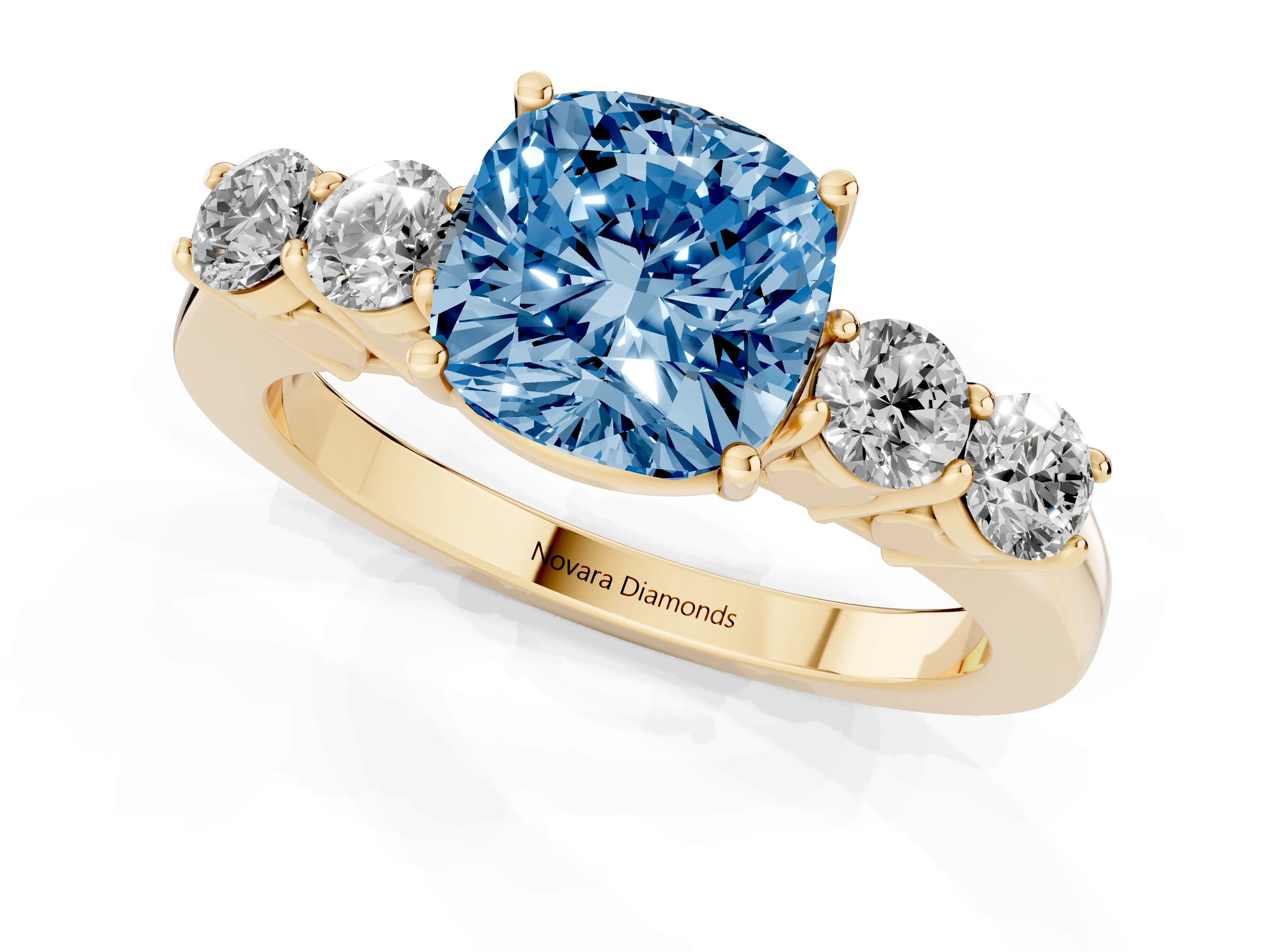 Fancy Blue Cushion Cut Diamond Five-Stone Prong Set Band Ring Set in Yellow gold with Polished Band