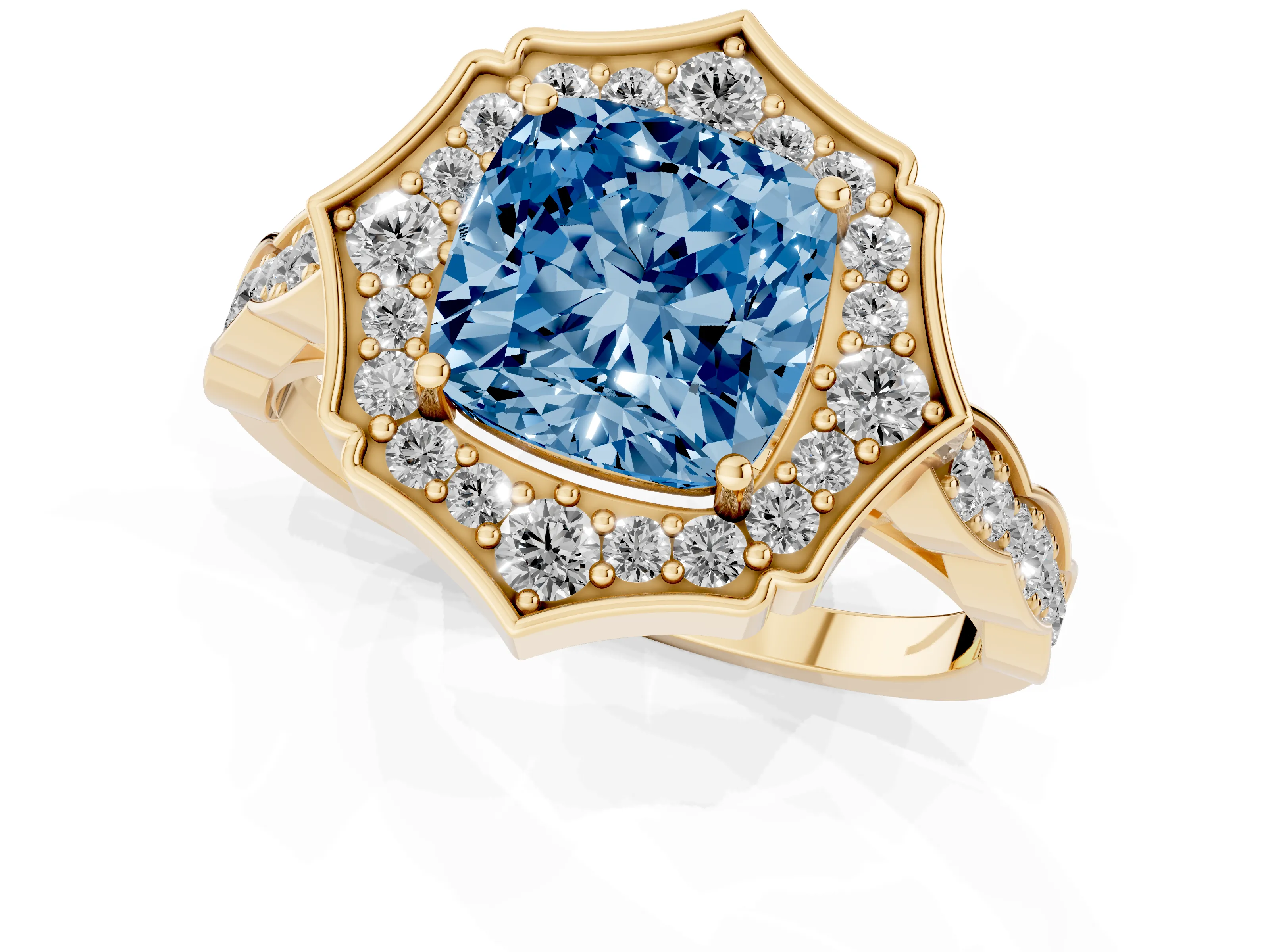 Fancy Blue Cushion Cut Diamond Halo Engagement Ring Set in Yellow gold with Milgrain Band and Prong Setting