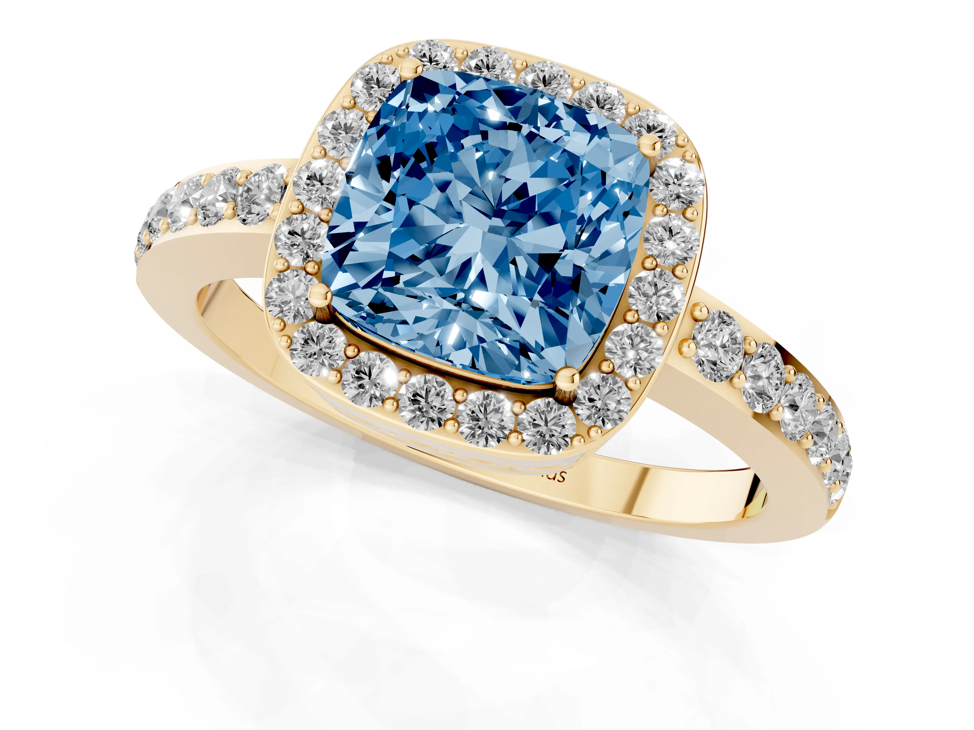 Fancy Blue Cushion Cut Diamond Halo Ring Set in Yellow gold with Pavé-Setting Band and Open Prong Center
