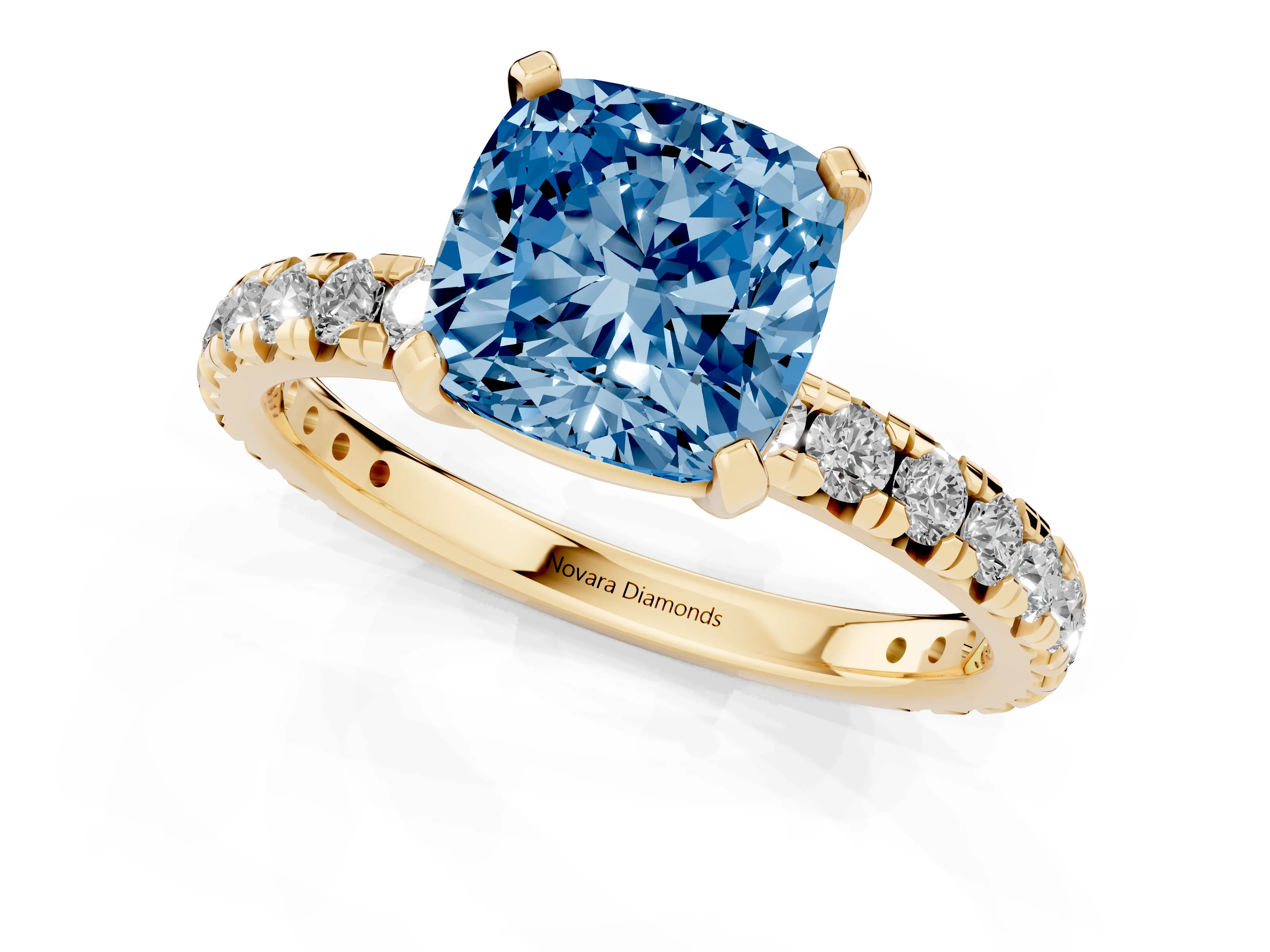 Fancy Blue Cushion Cut Diamond Pavé Solitaire Ring Set in Yellow gold with Round Band and Prong Setting