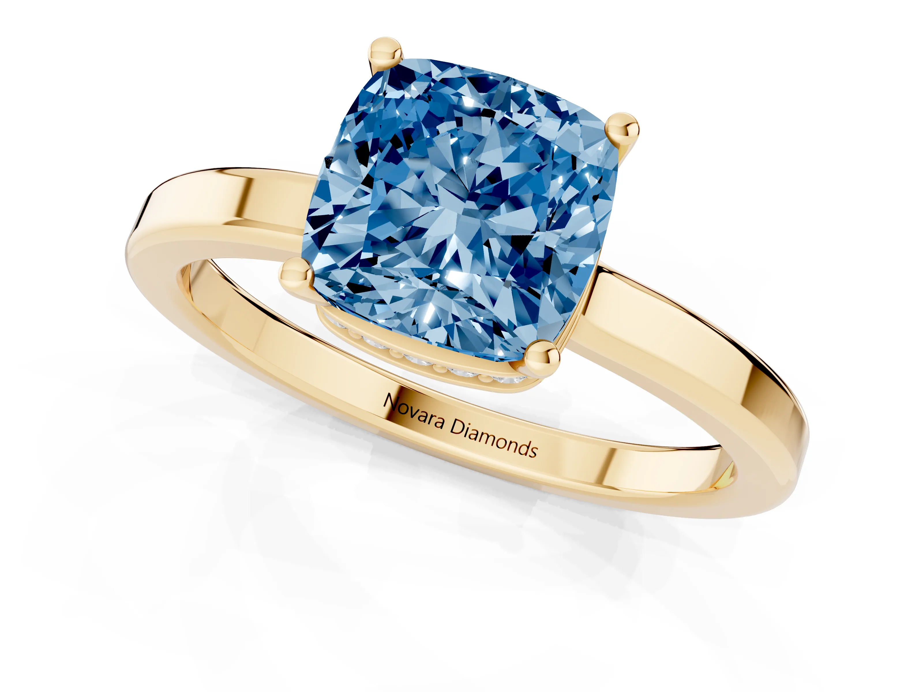 Fancy Blue Cushion Cut Diamond Solitaire Engagement Ring Set in Yellow gold with Prong Setting on a Plain Band