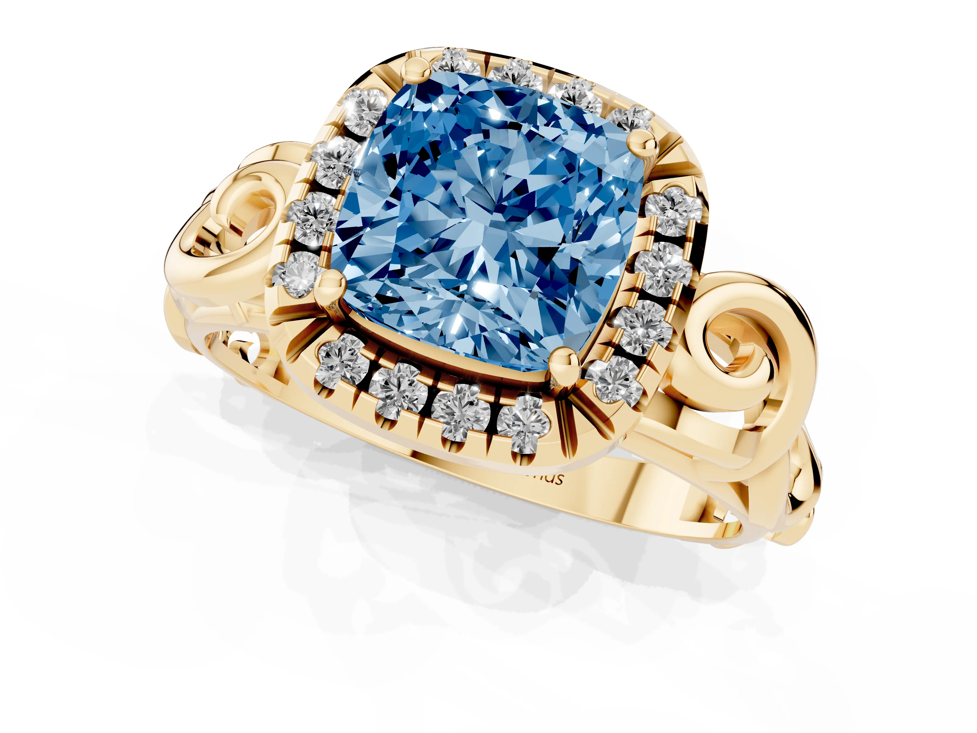 Fancy Blue Cushion Cut Diamond Halo Ring Set in Yellow gold with Scrollwork Band and Prong Setting