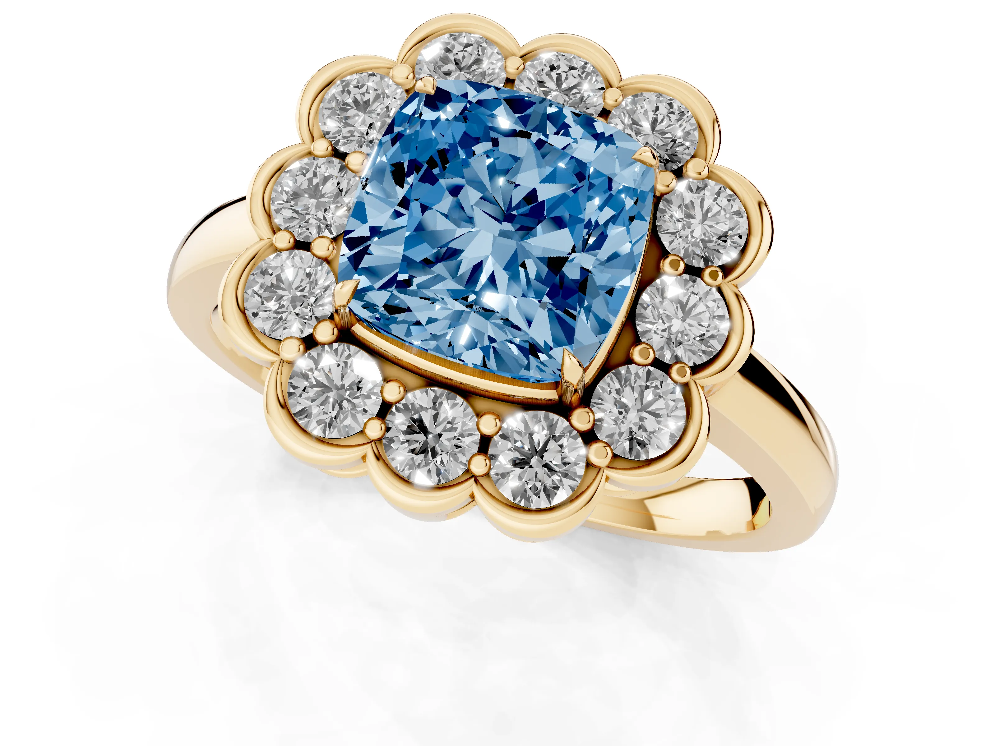 Fancy Blue Cushion Cut Diamond Halo Cluster Engagement Ring Set in Yellow gold with Solitaire Band and Prong Setting