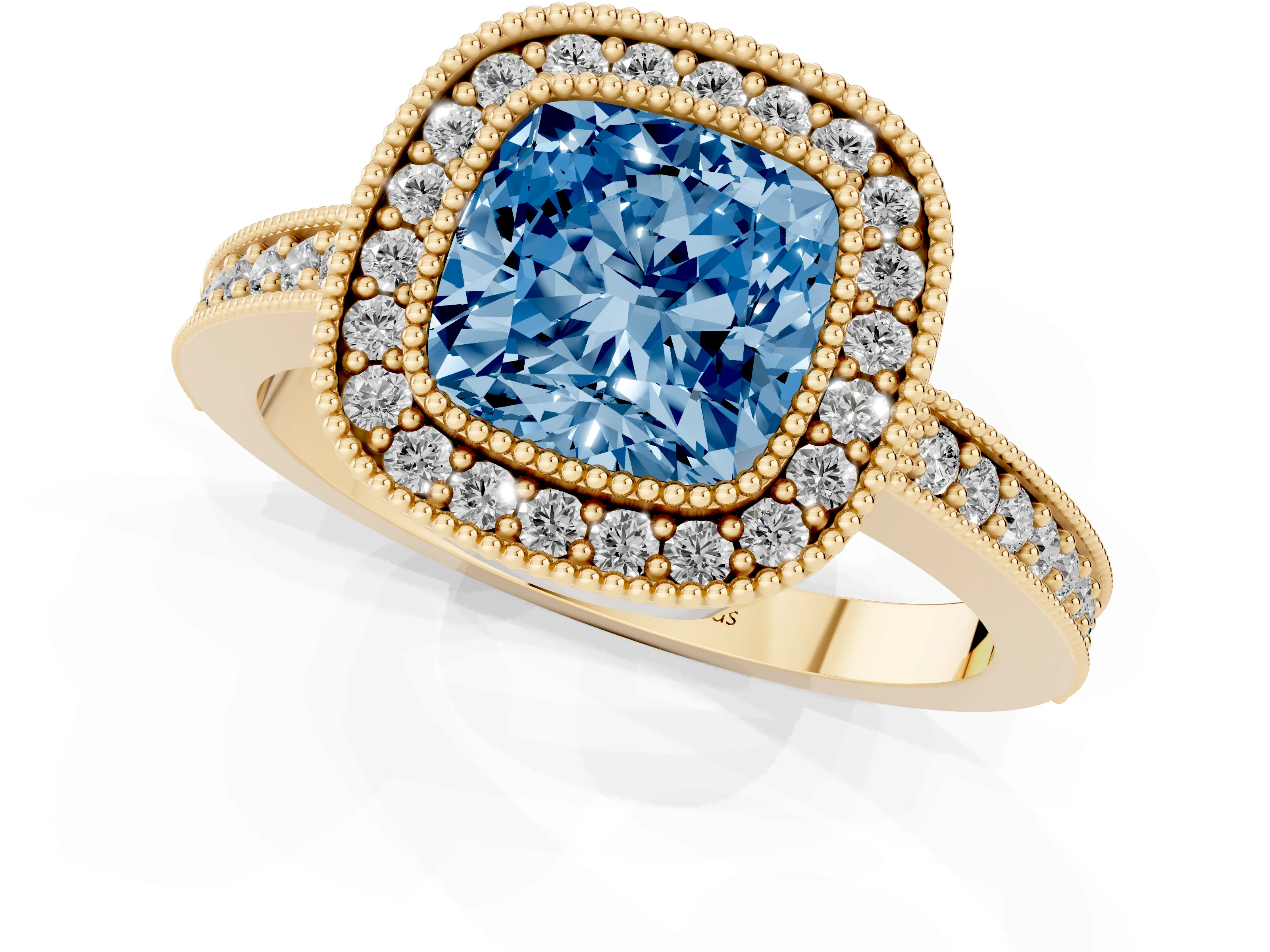 Fancy Blue Cushion Cut Diamond Halo Engagement Ring Set in Yellow gold with Pavé Band and Round Halo Stones
