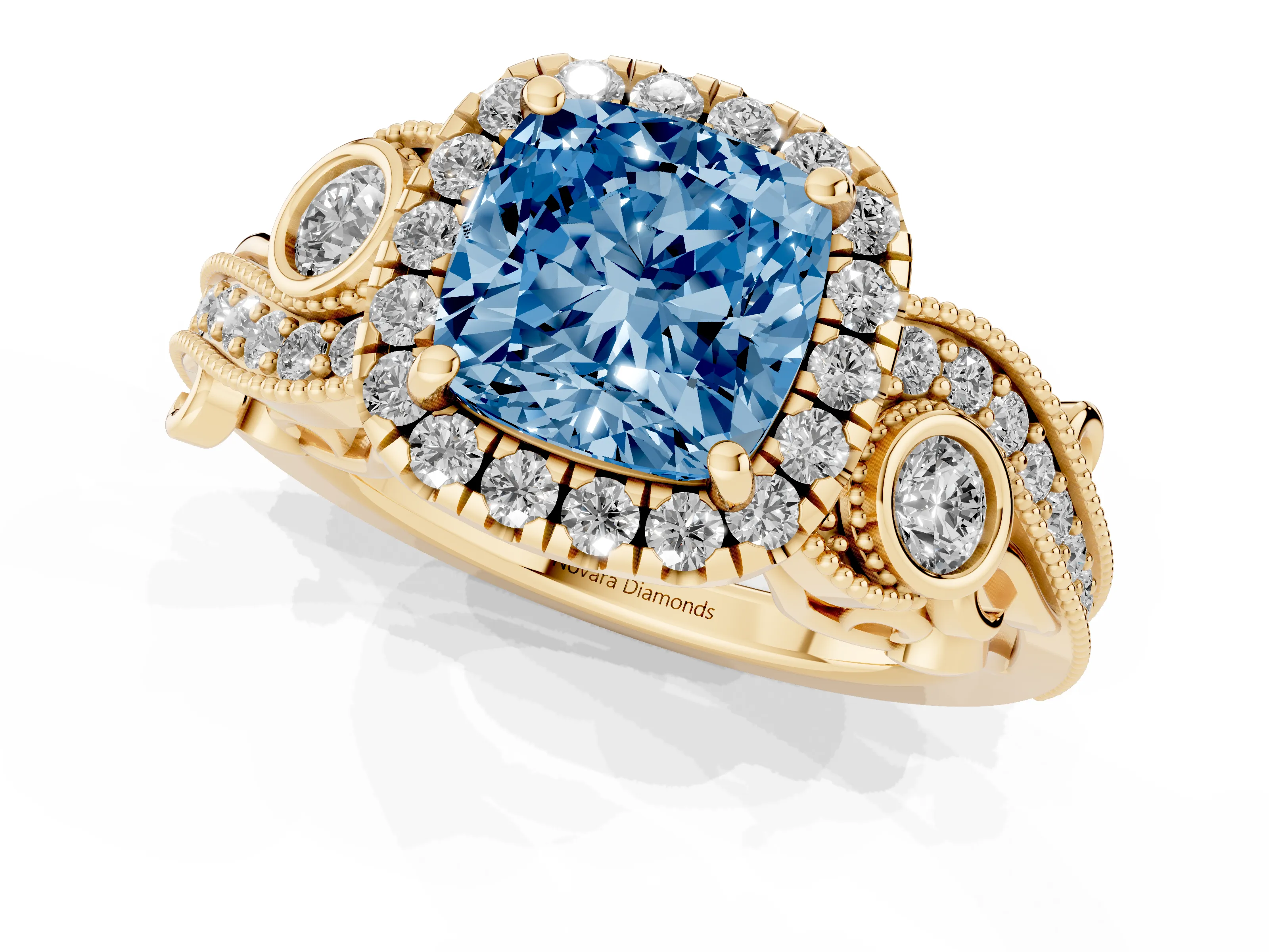 Fancy Blue Cushion Cut Diamond Halo Ring Set in Yellow gold with Milgrain Pavé Band and Prong Setting