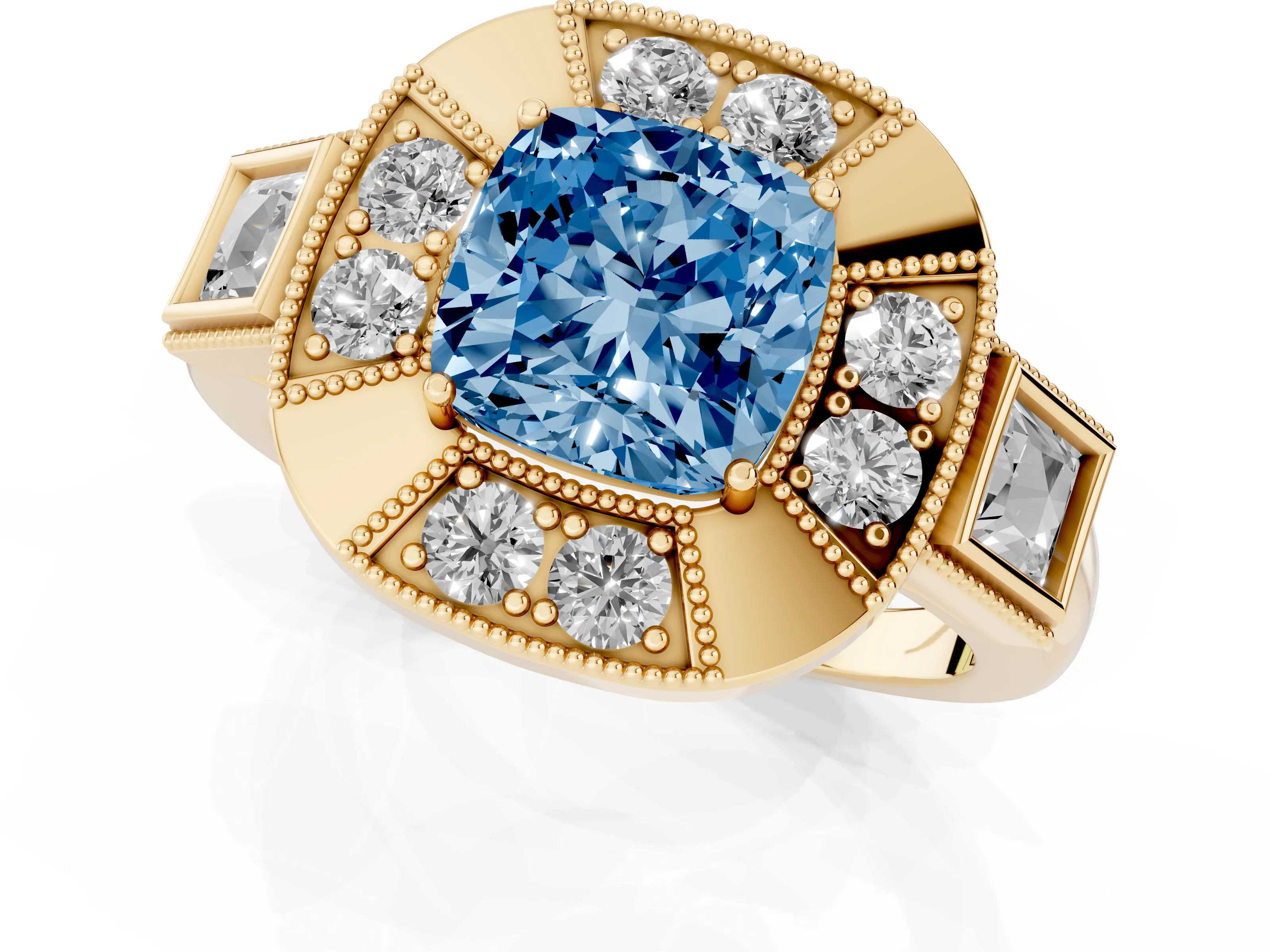 Fancy Blue Cushion Cut Diamond Milgrain Halo Ring Set in Yellow gold with Split Shank