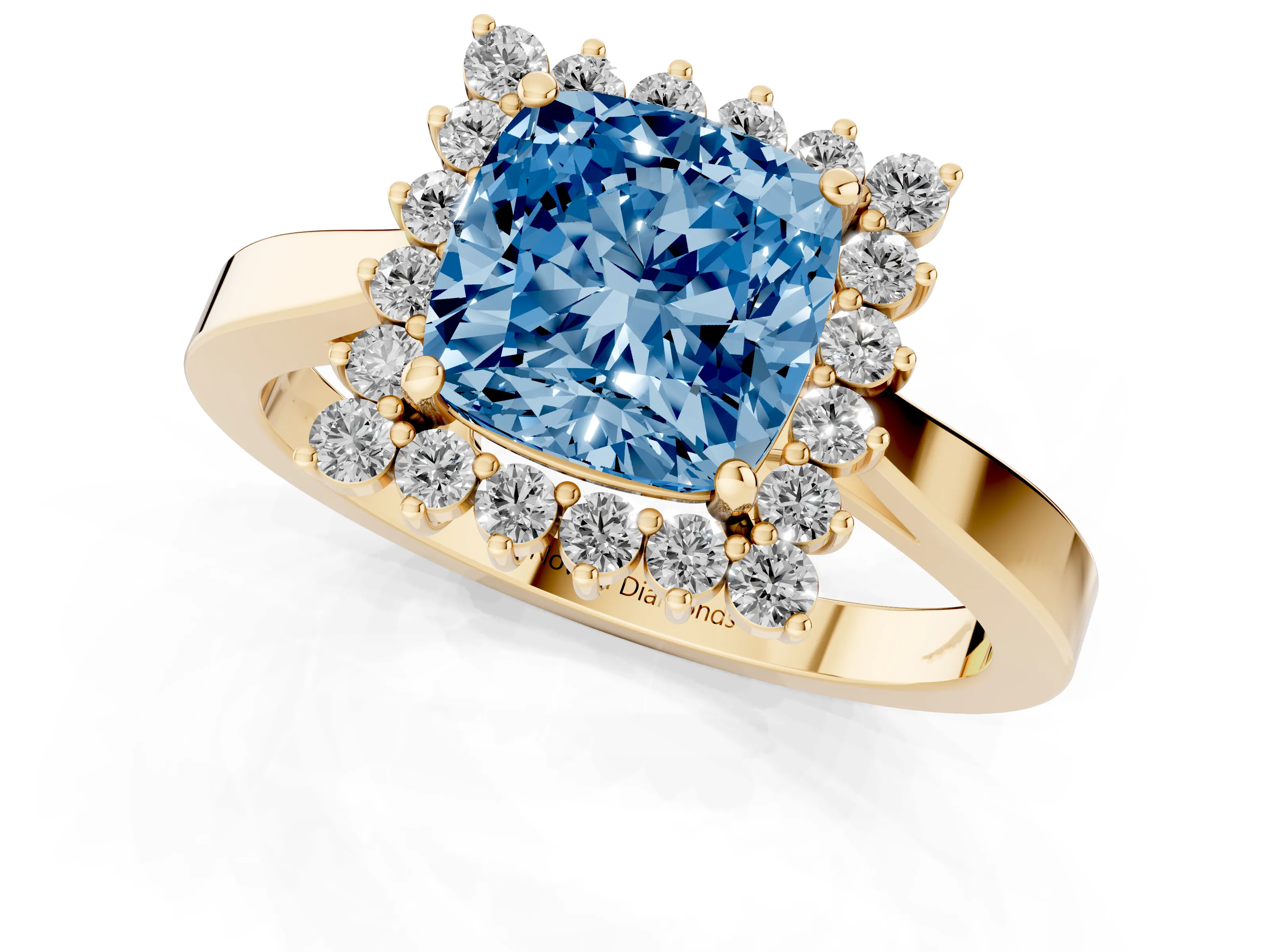 Fancy Blue Cushion Cut Diamond Halo Ring Set in Yellow gold with Round Halo and Smooth Solitaire Band