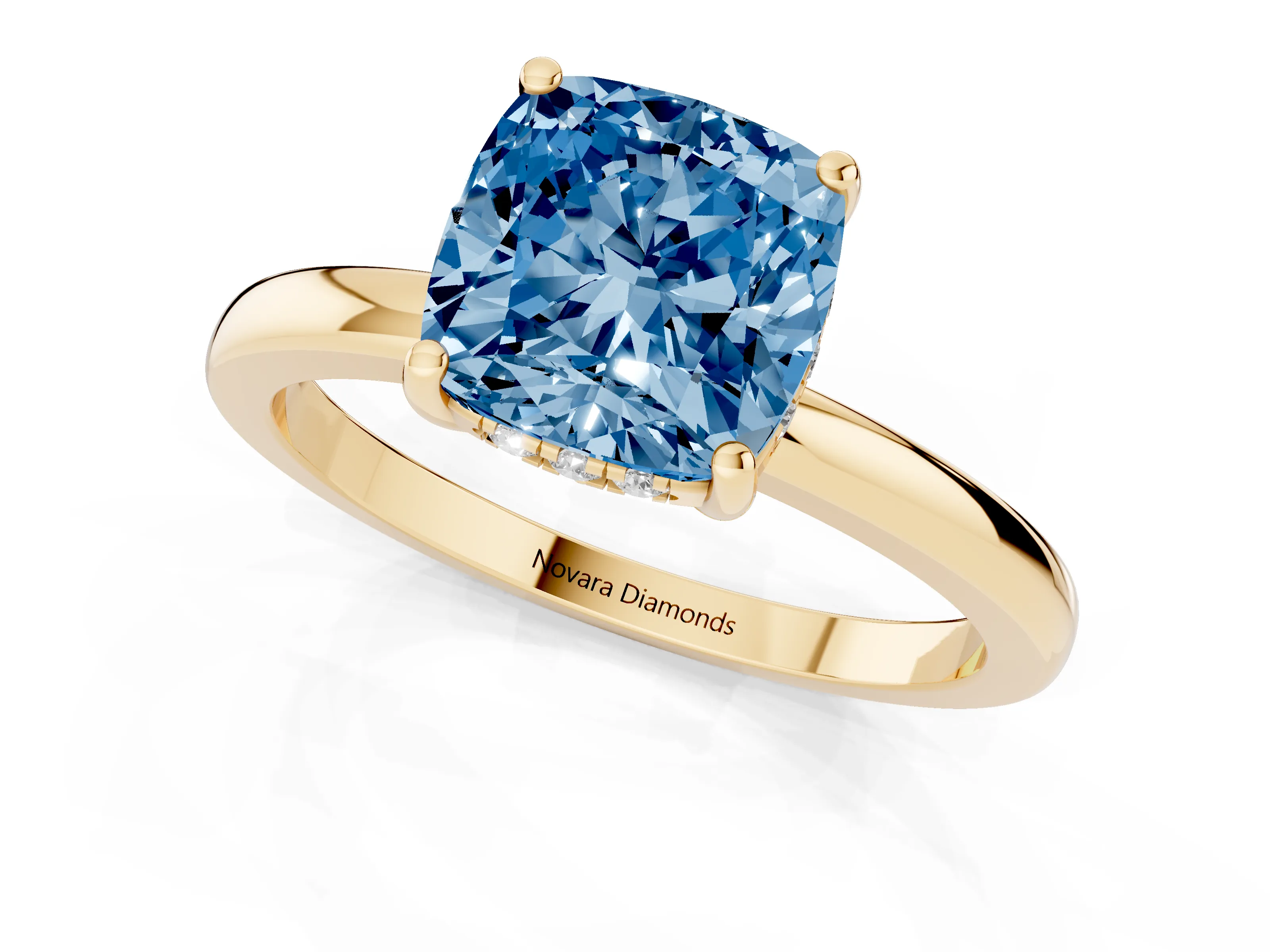 Fancy Blue Cushion Cut Diamond Solitaire Ring Set in Yellow gold with Plain Band and Prong Setting