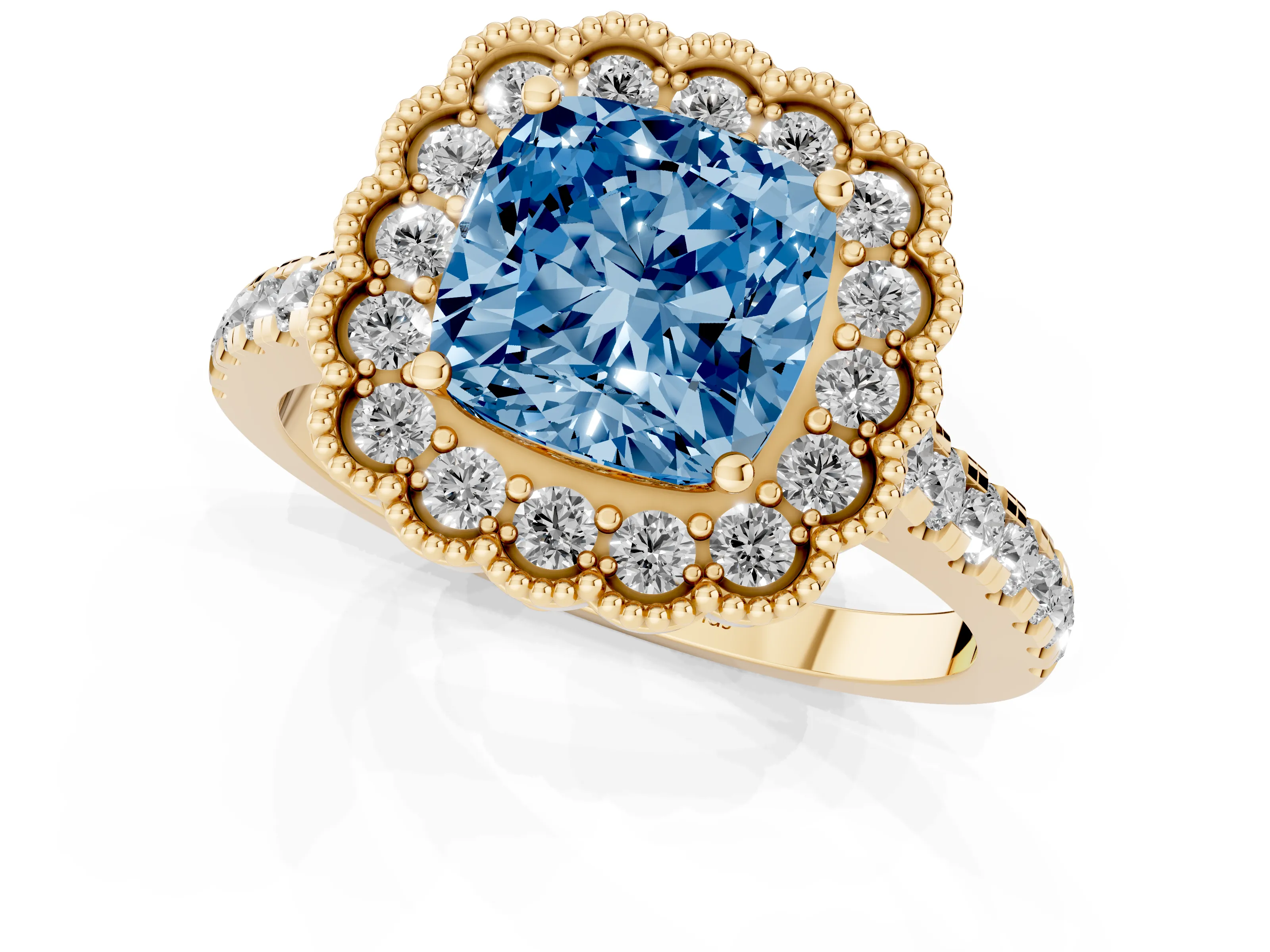Fancy Blue Cushion Cut Diamond Milgrain Floral Halo Engagement Ring Set in Yellow gold with Pavé Band