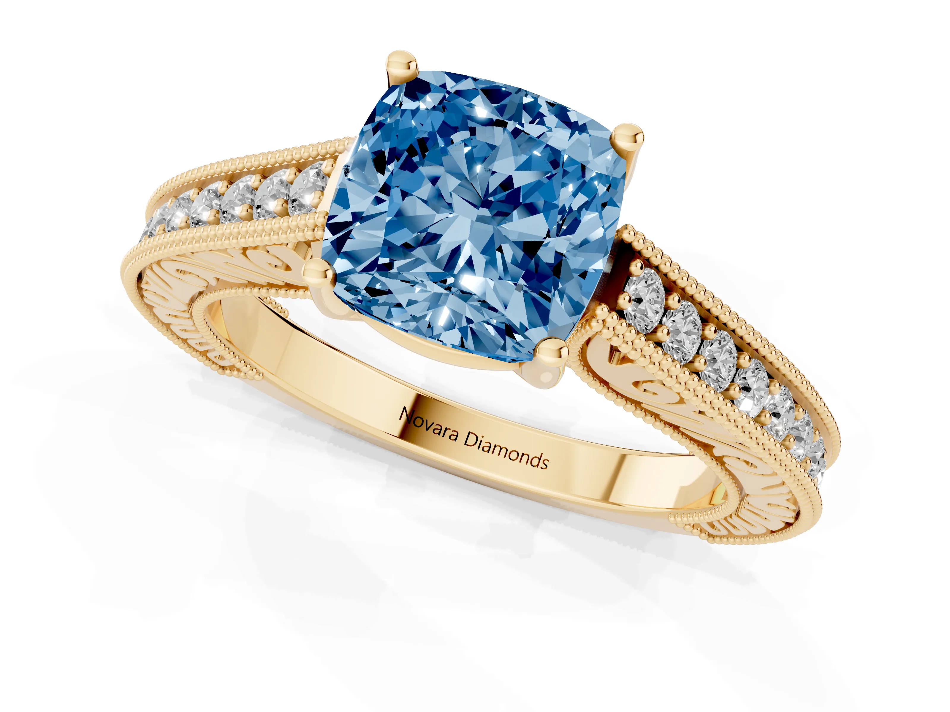 Fancy Blue Cushion Cut Diamond Milgrain Pavé Band Solitaire Ring Set in Yellow gold with Prong Setting