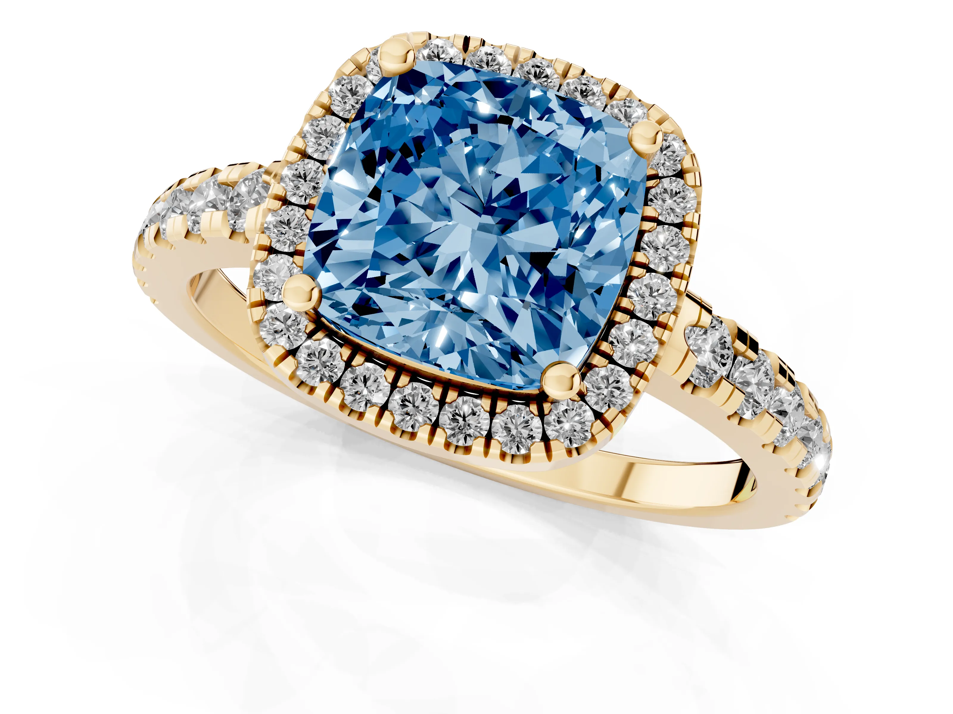 Fancy Blue Cushion Cut Diamond Halo Ring Set in Yellow gold with Delicate Pavé Band and Prong Setting
