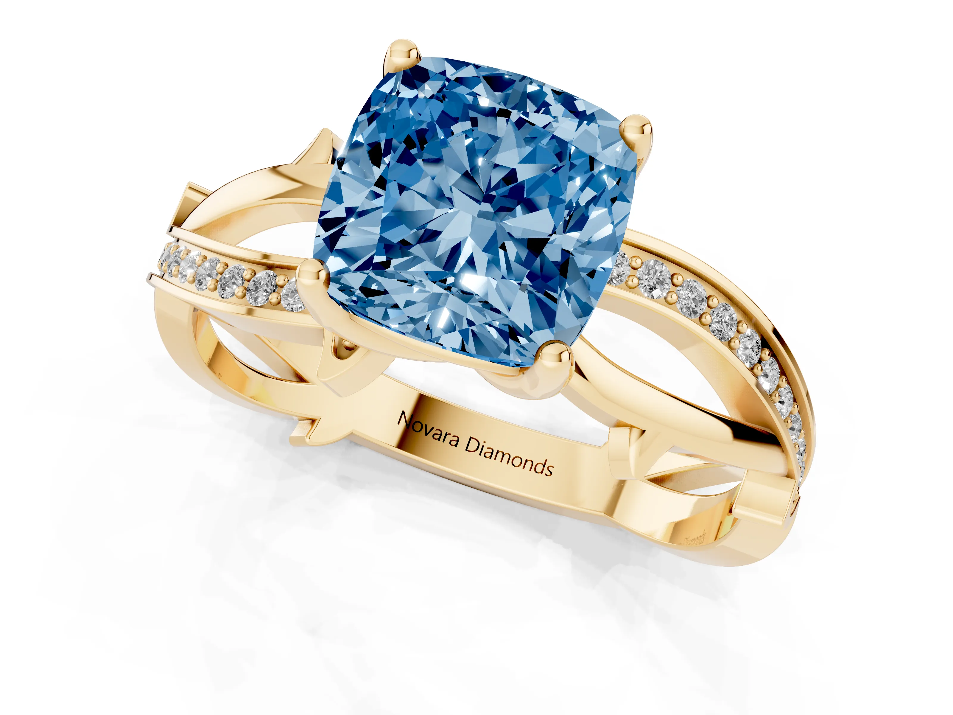 Fancy Blue Cushion Cut Diamond Pavé Twist Band Solitaire Ring Set in Yellow gold with Prong Setting