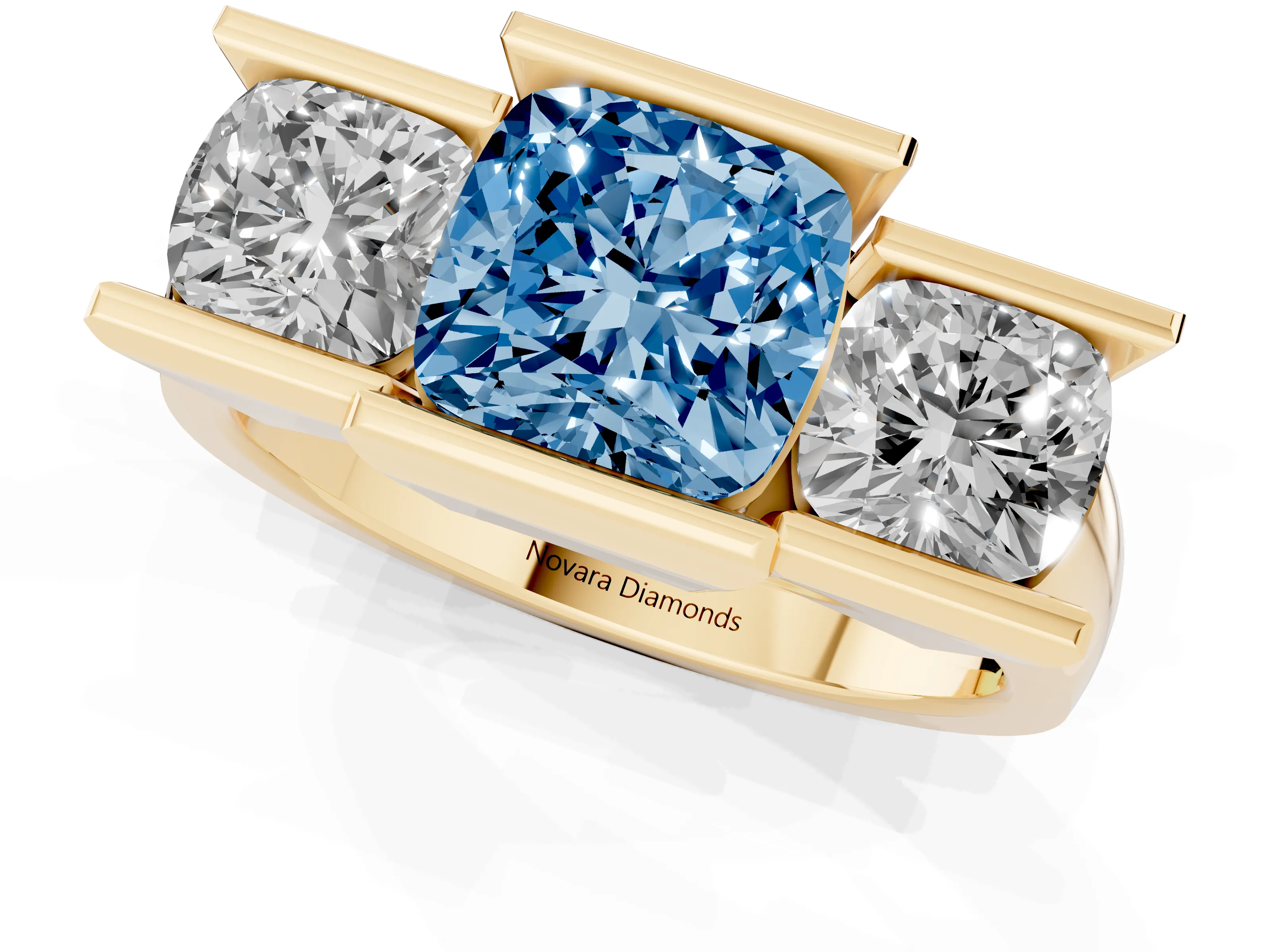 Fancy Blue Cushion Cut Diamond Three-Stone Channel Set Ring Set in Yellow gold with Smooth Polished Band
