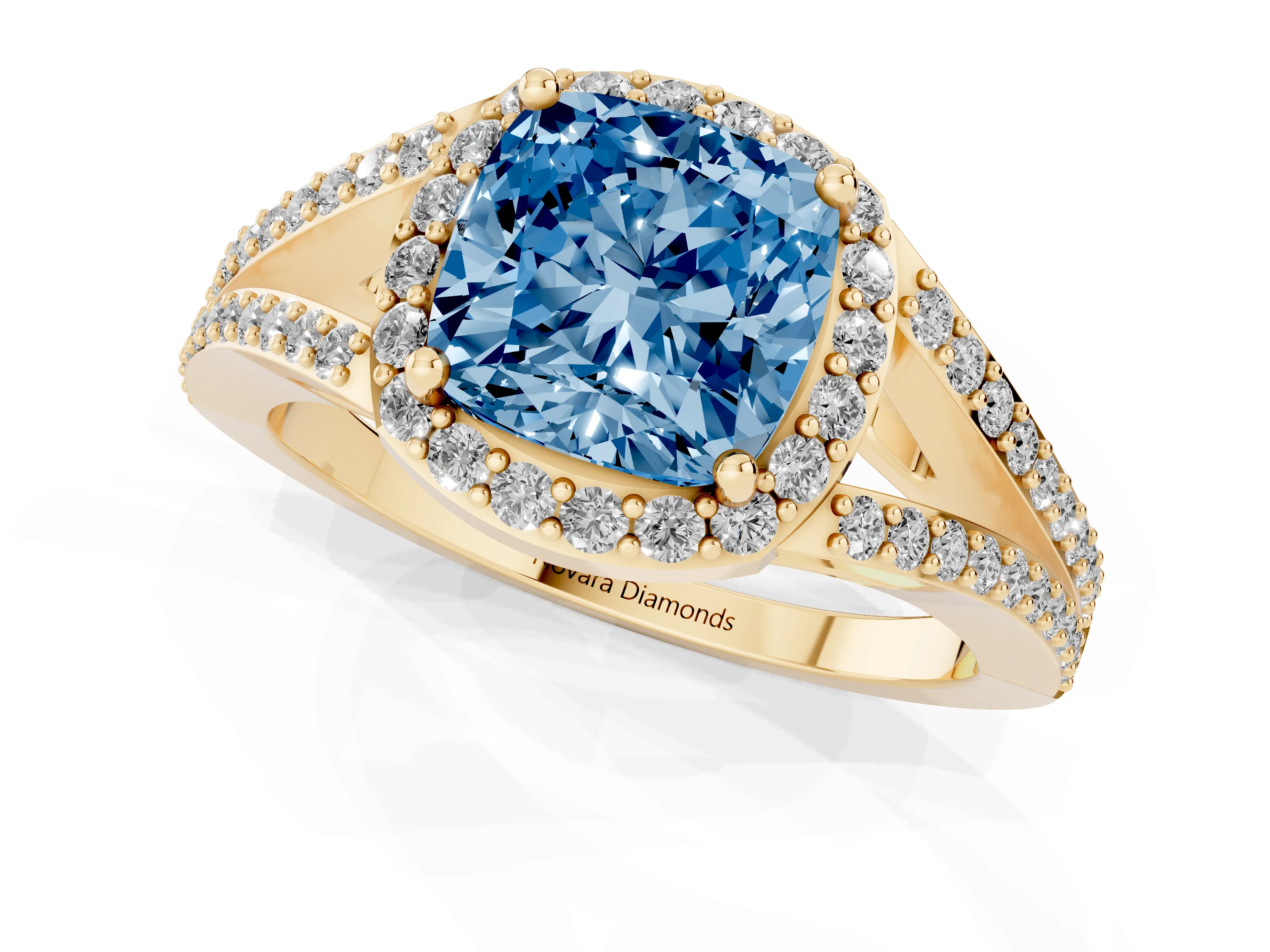 Fancy Blue Cushion Cut Diamond Halo Split Shank Ring Set in Yellow gold with Accent Stones and Prong Setting