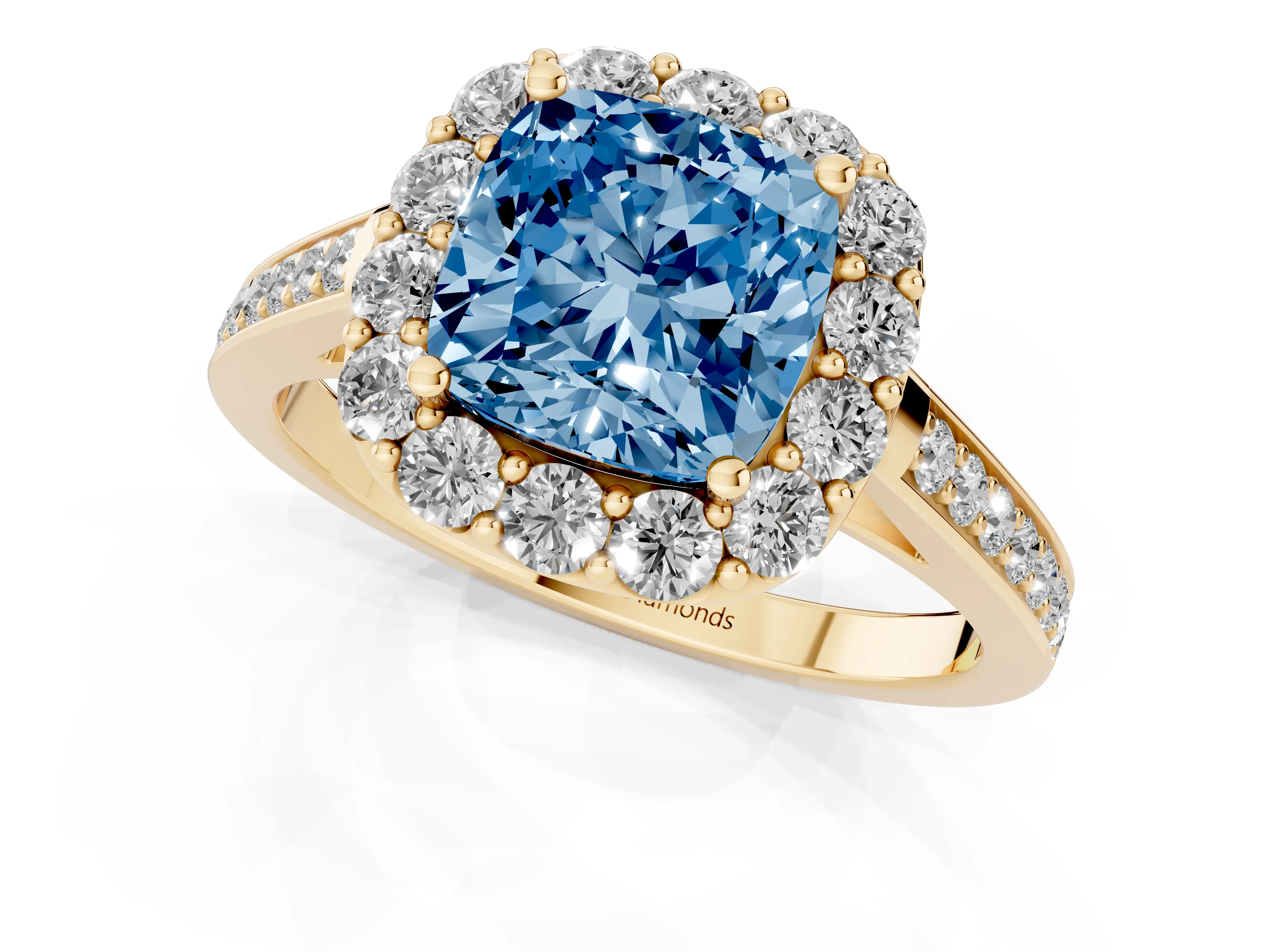 Fancy Blue Cushion Cut Diamond Floral Halo Ring Set in Yellow gold with Pavé Band and Prong Setting