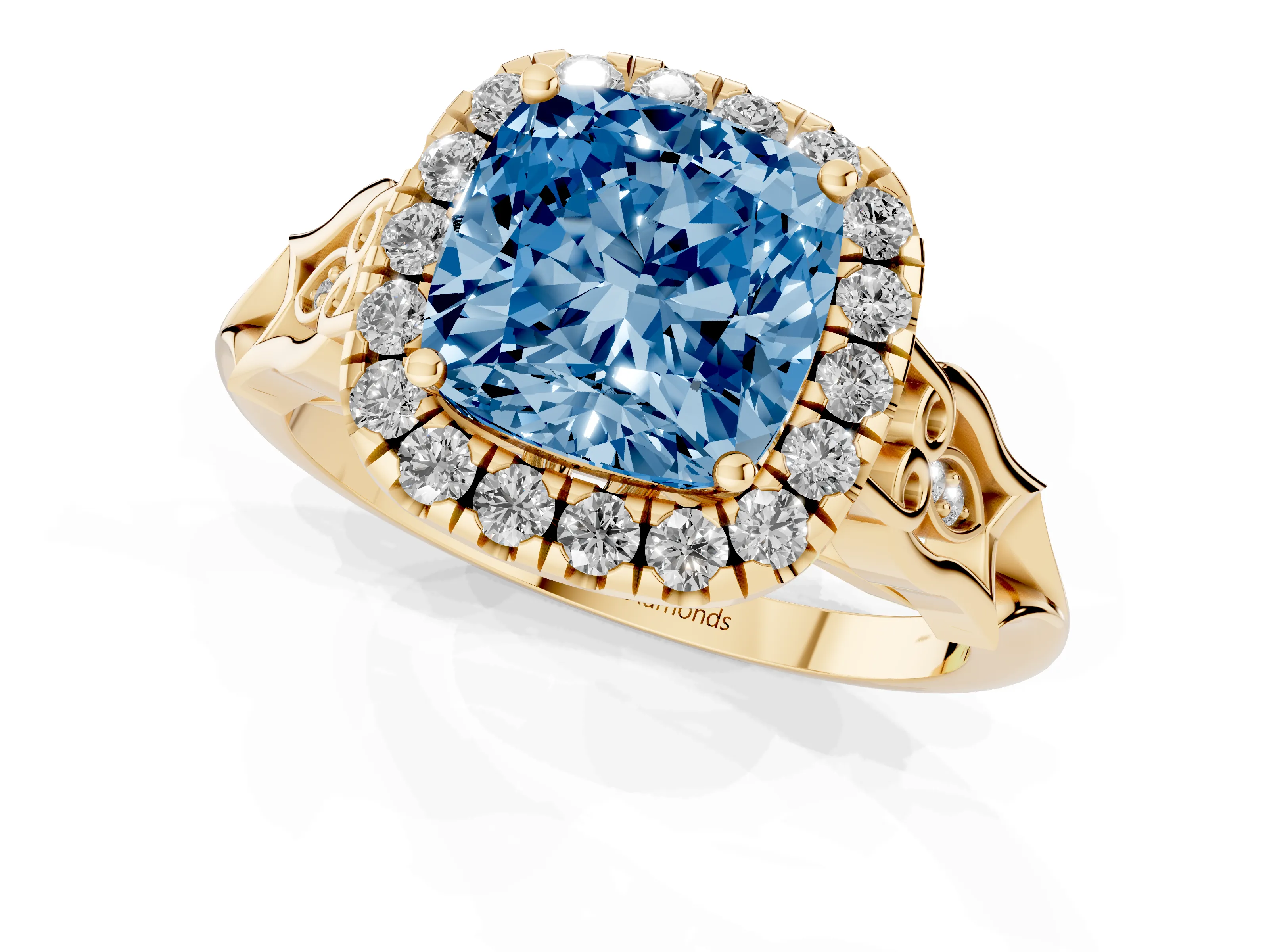 Fancy Blue Cushion Cut Diamond Halo Engagement Ring Set in Yellow gold with Filigree Band and Prong-Set Center