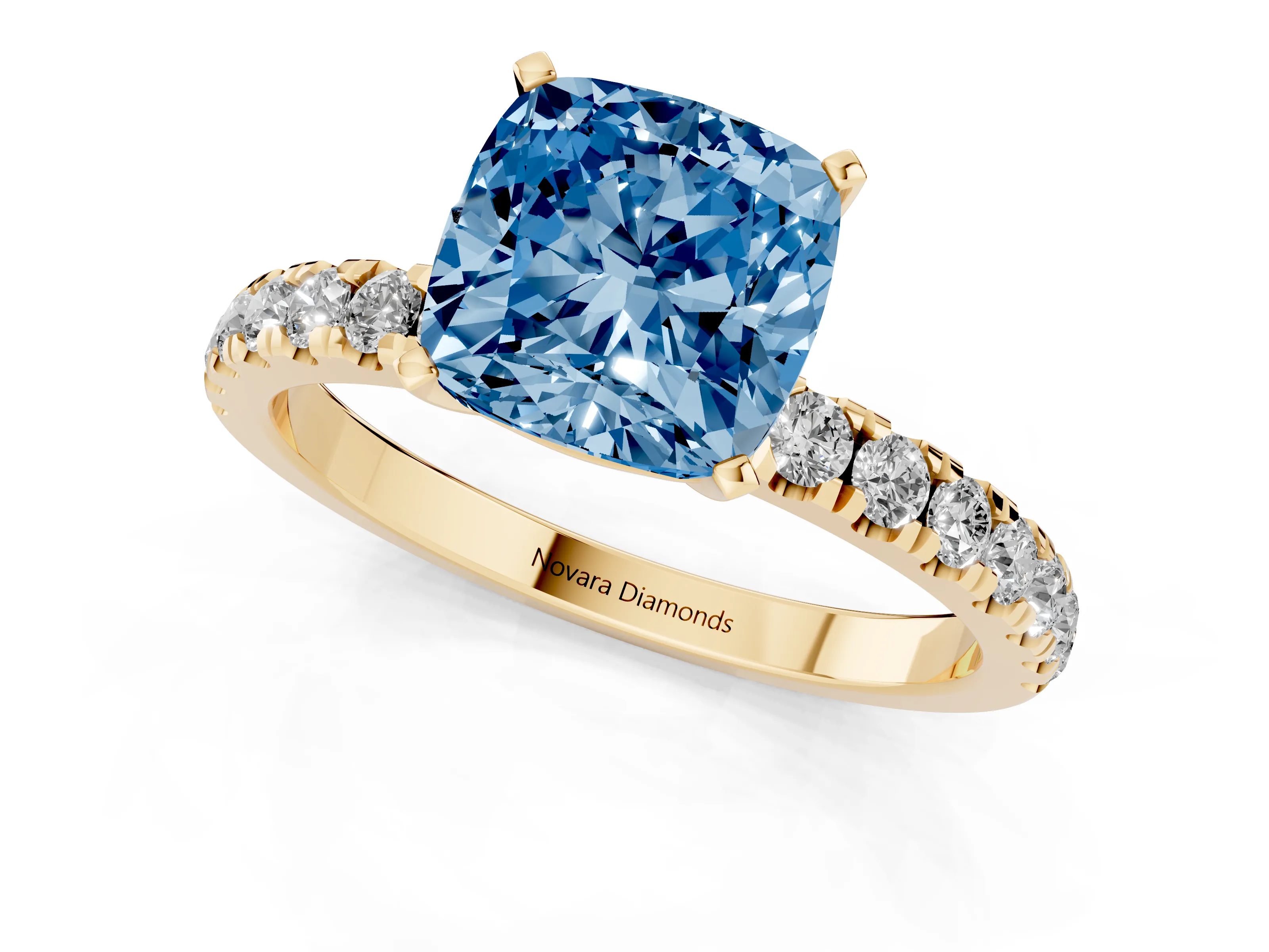 Fancy Blue Cushion Cut Diamond Solitaire Ring Set in Yellow gold with Pavé Accents and Prong Setting