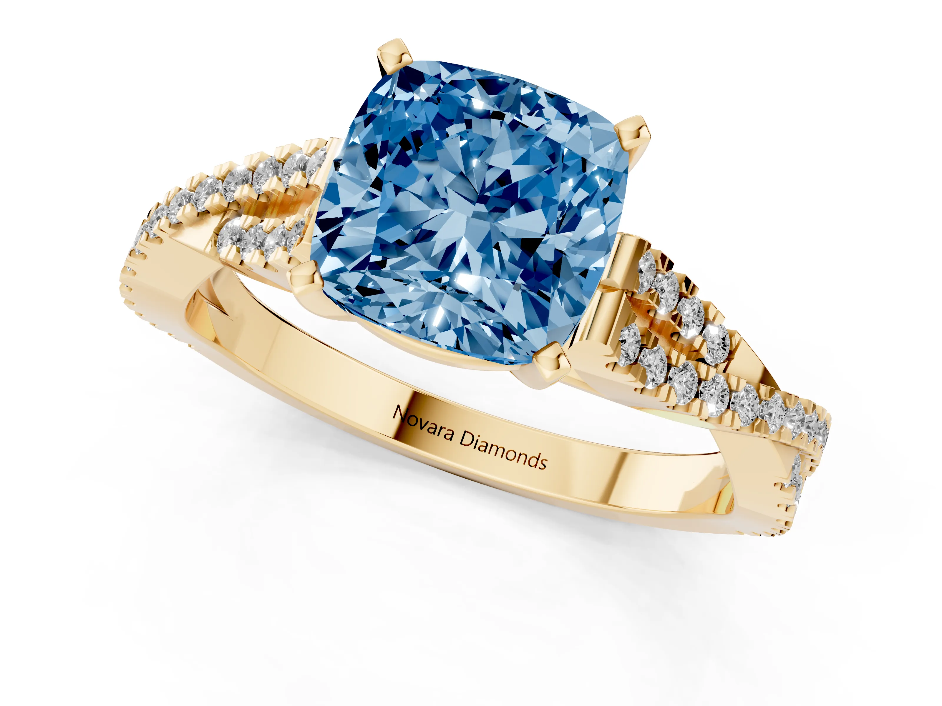 Fancy Blue Cushion Cut Diamond Solitaire Engagement Ring Set in Yellow gold with Twisted Pavé Band and Prong Setting