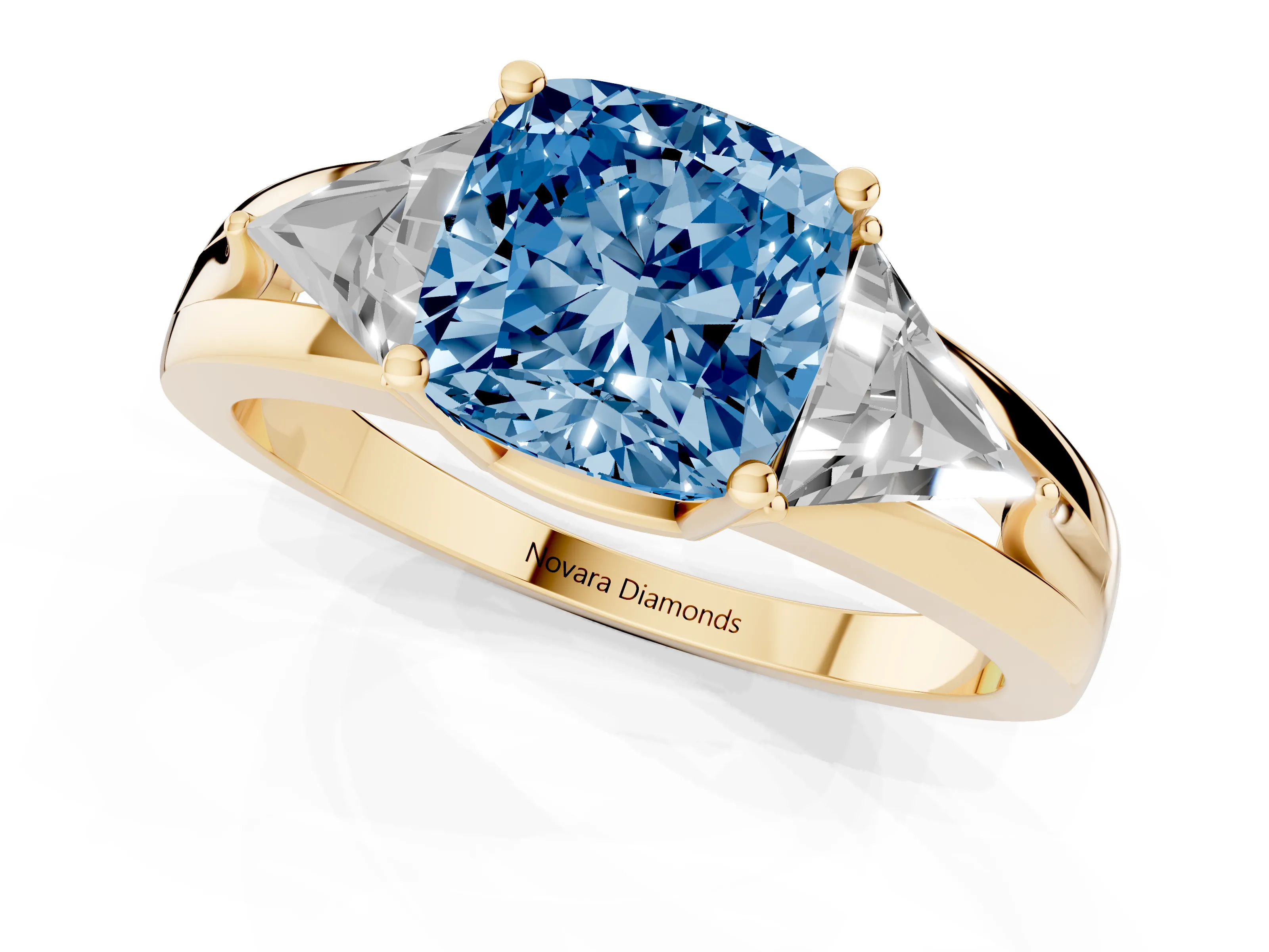 Fancy Blue Cushion Cut Diamond Three-Stone Ring Set in Yellow gold with Trillion Side Stones and Split Shank