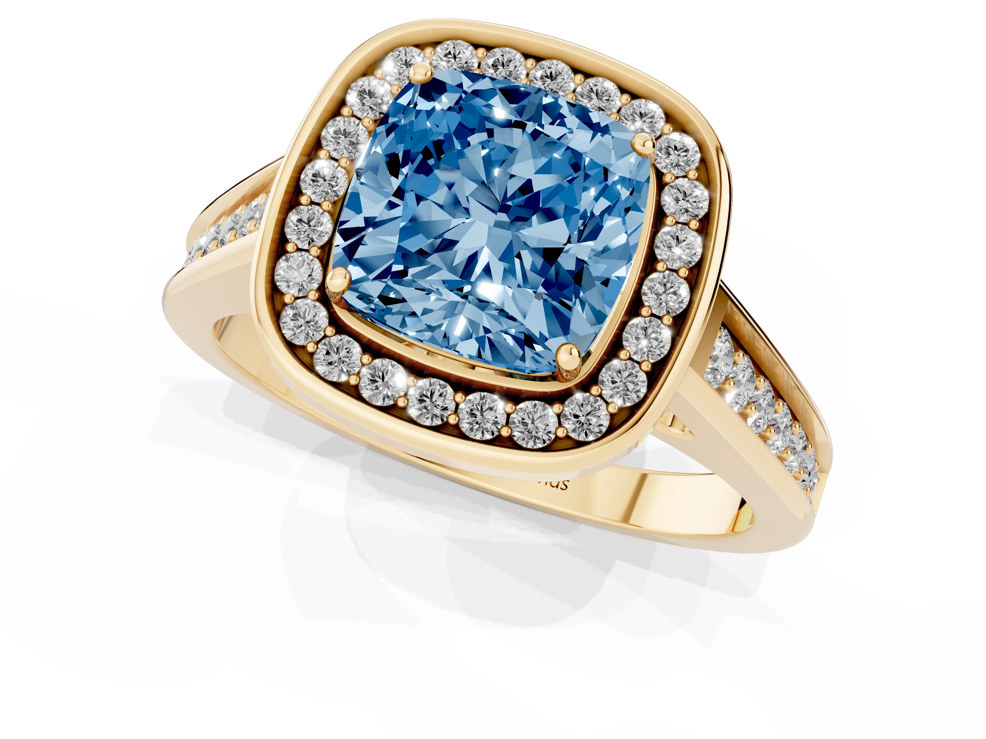 Fancy Blue Cushion Cut Diamond Halo Solitaire Ring Set in Yellow gold with Pavé Band and Bezel Setting