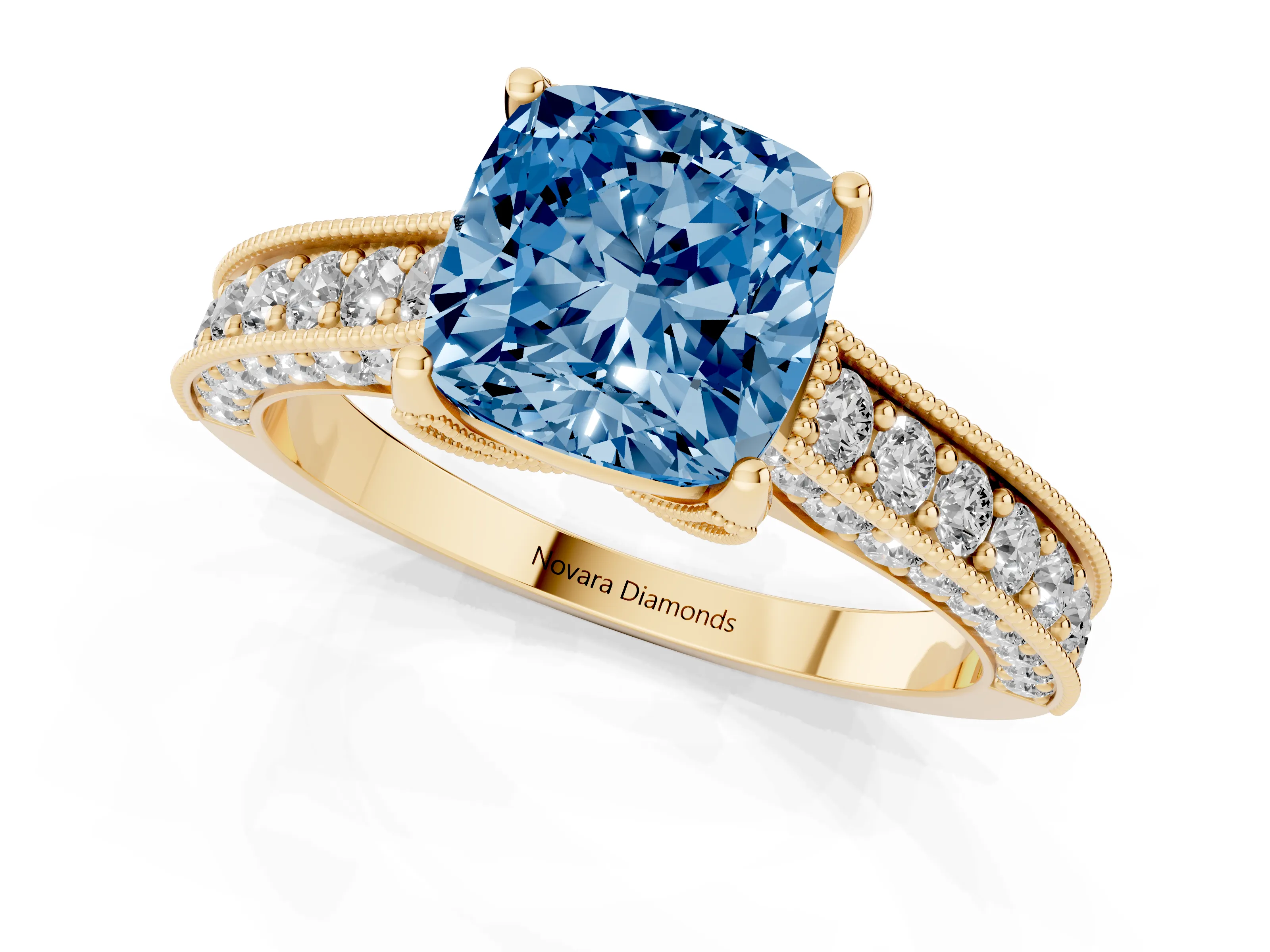 Fancy Blue Cushion Cut Diamond Solitaire Ring Set in Yellow gold with Milgrain-Edged Pavé Band and Prong Setting