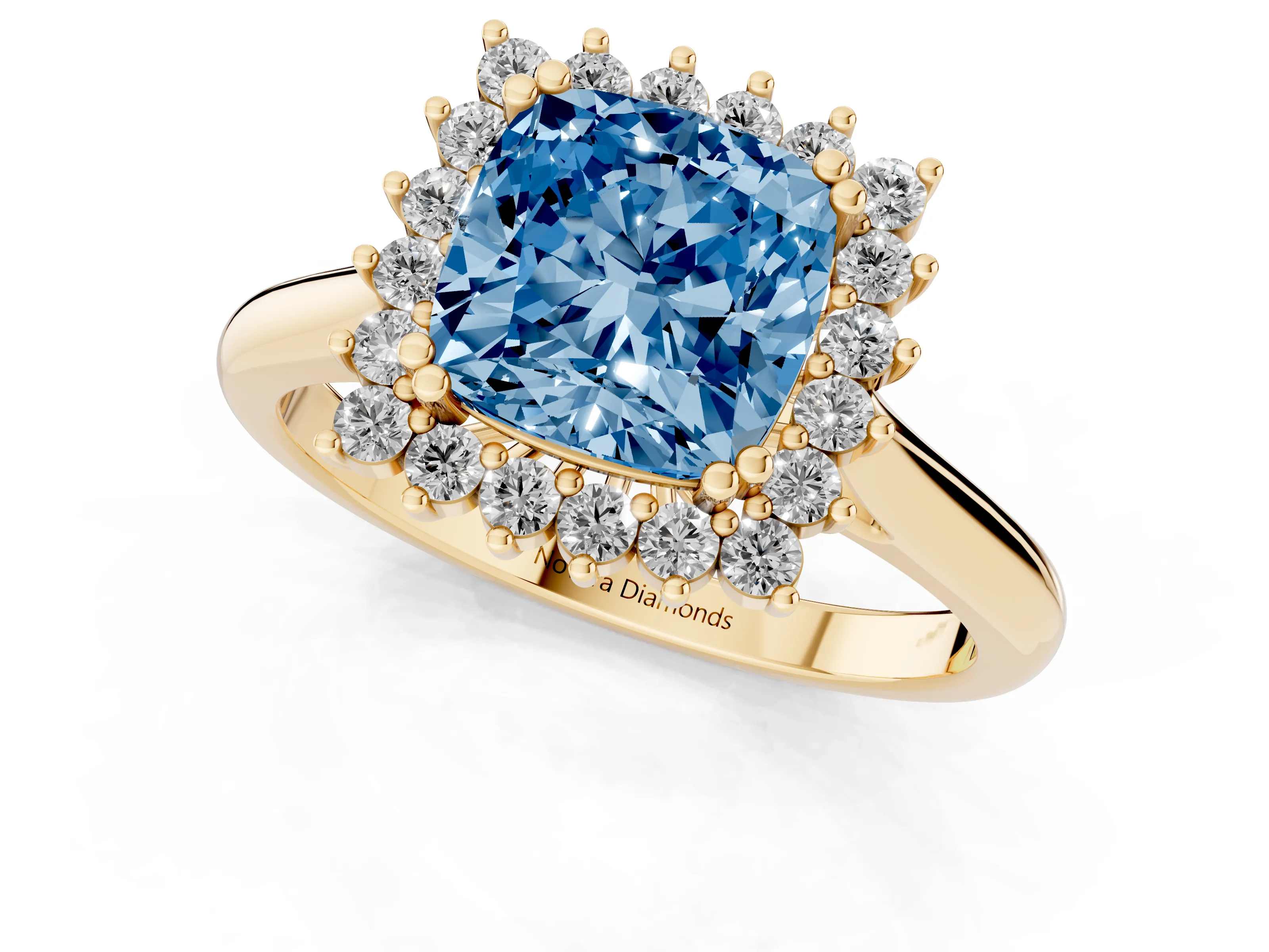 Fancy Blue Cushion Cut Diamond Halo Ring Set in Yellow gold with Plain Solitaire Band and Prong Setting