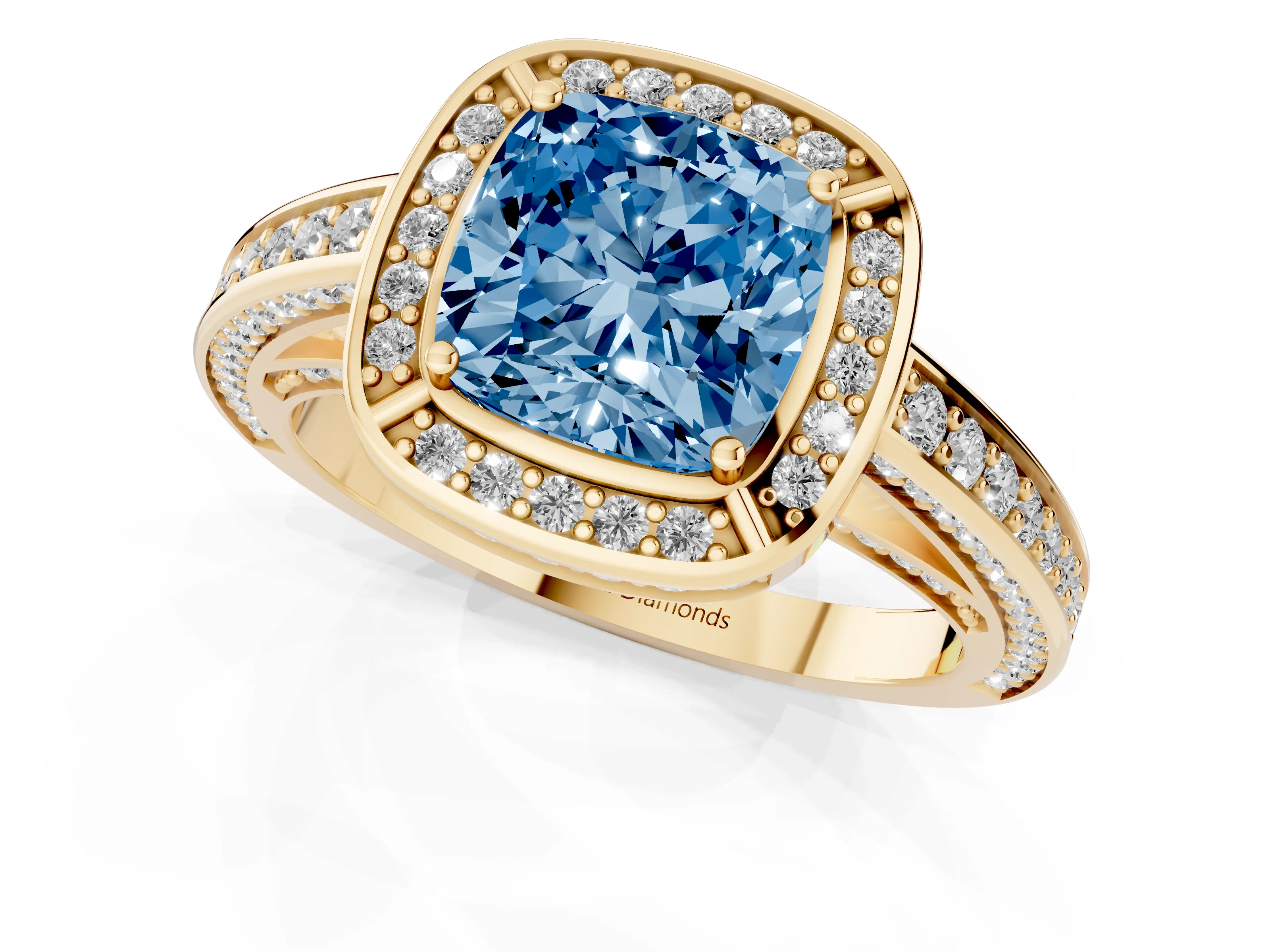 Fancy Blue Cushion Cut Diamond Halo Pavé Split Shank Ring Set in Yellow gold with Prong Setting