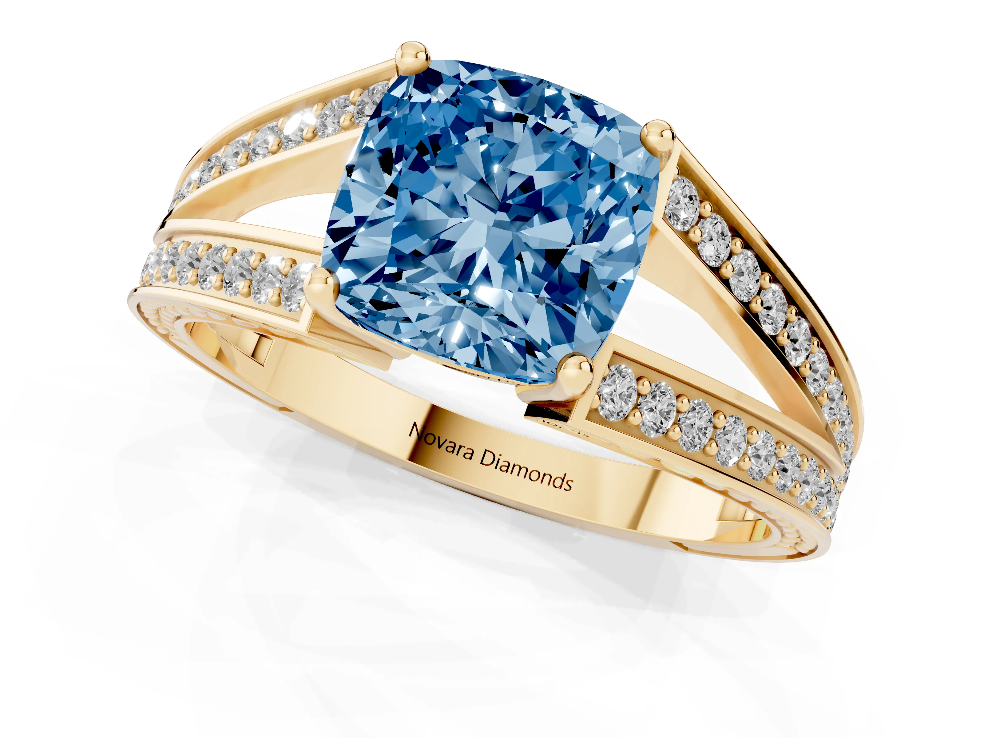 Fancy Blue Cushion Cut Diamond Split Shank Ring Set in Yellow gold with Pavé Band and Prong Setting