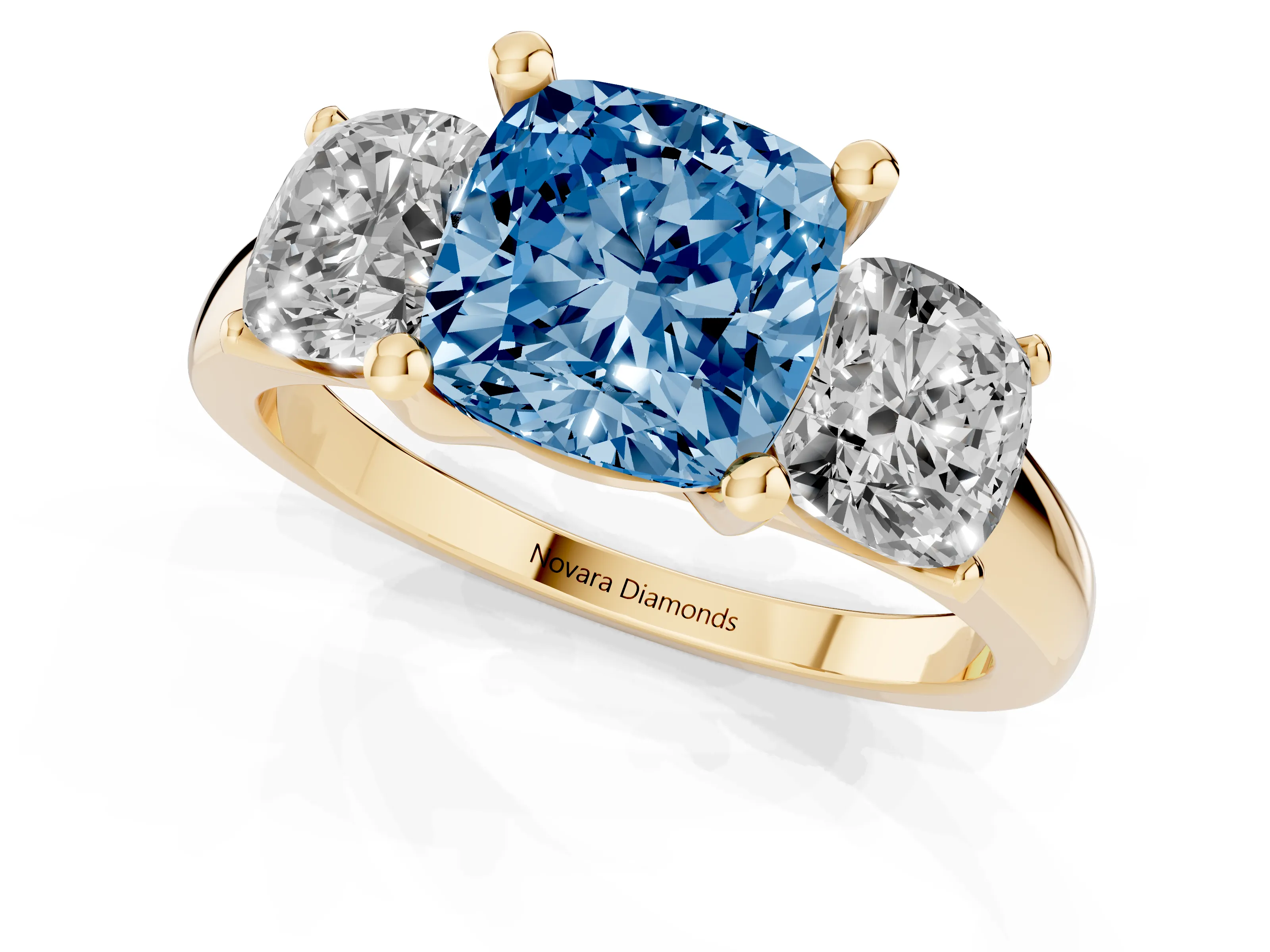 Fancy Blue Cushion Cut Diamond Three-Stone Ring Set in Yellow gold with Classic Prong Setting and Plain Band