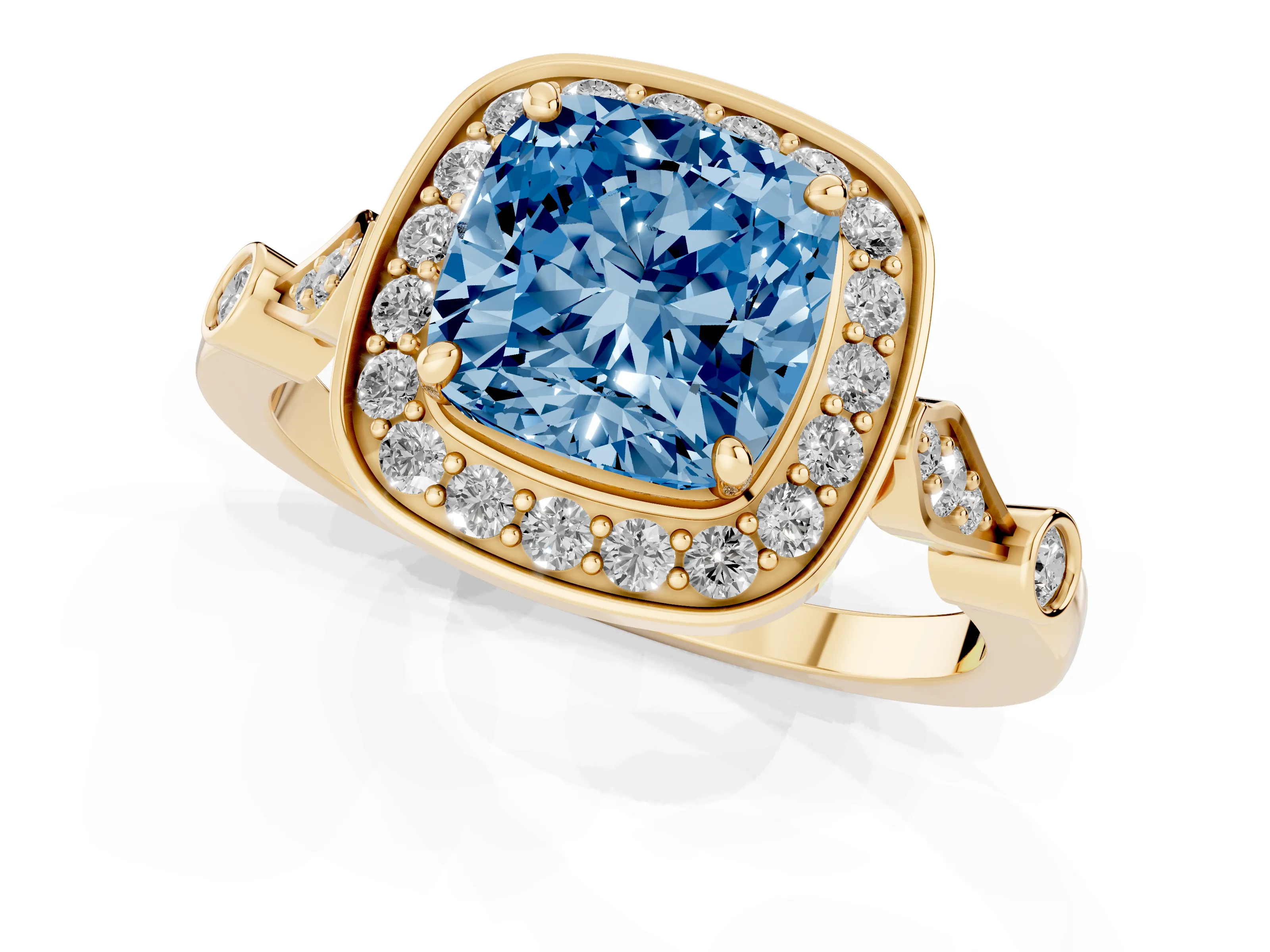 Fancy Blue Cushion Cut Diamond Halo Engagement Ring Set in Yellow gold with Twisted Band and Prong Setting