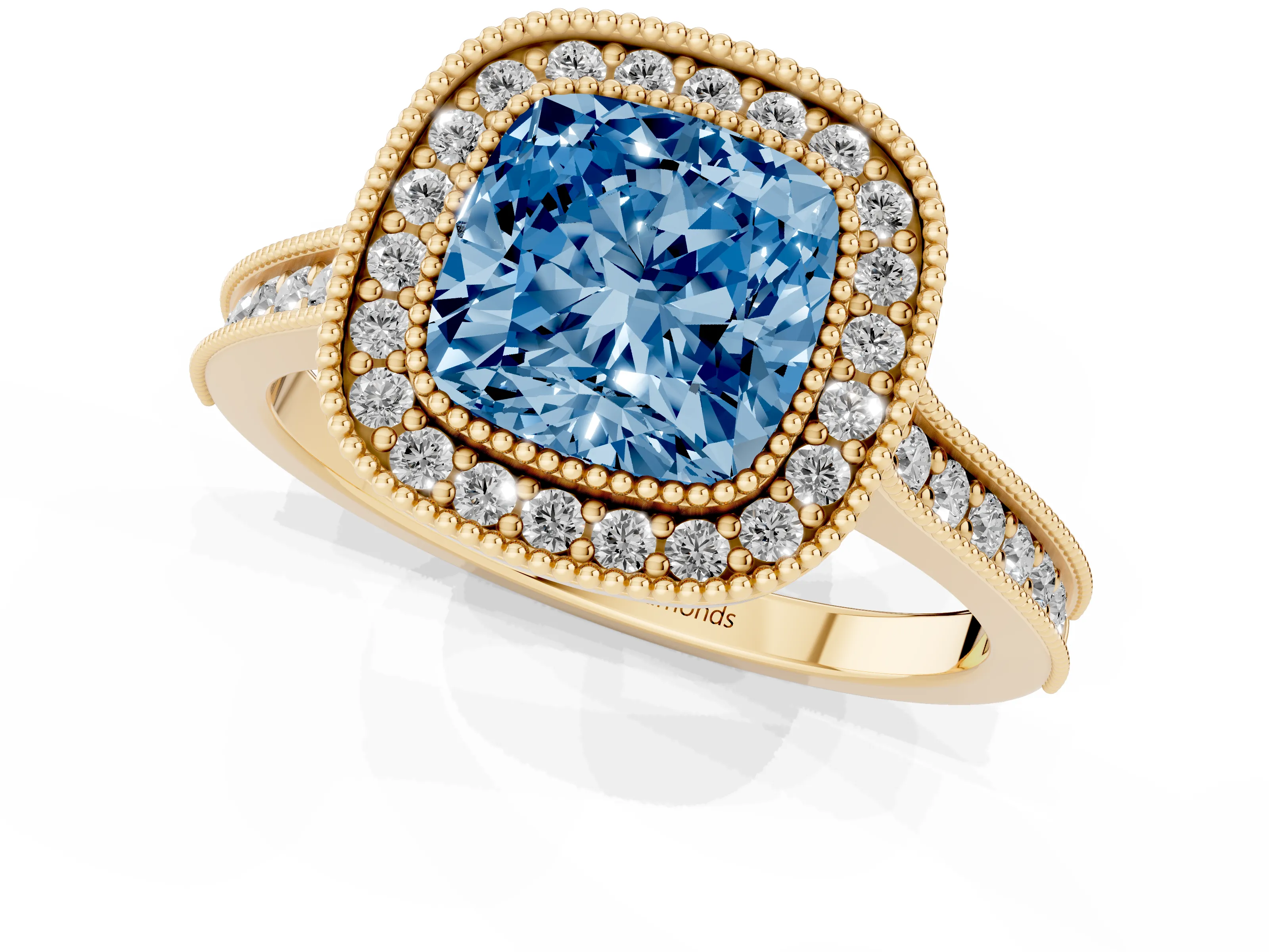 Fancy Blue Cushion Cut Diamond Halo Milgrain Pavé Band Ring Set in Yellow gold with Prong Setting