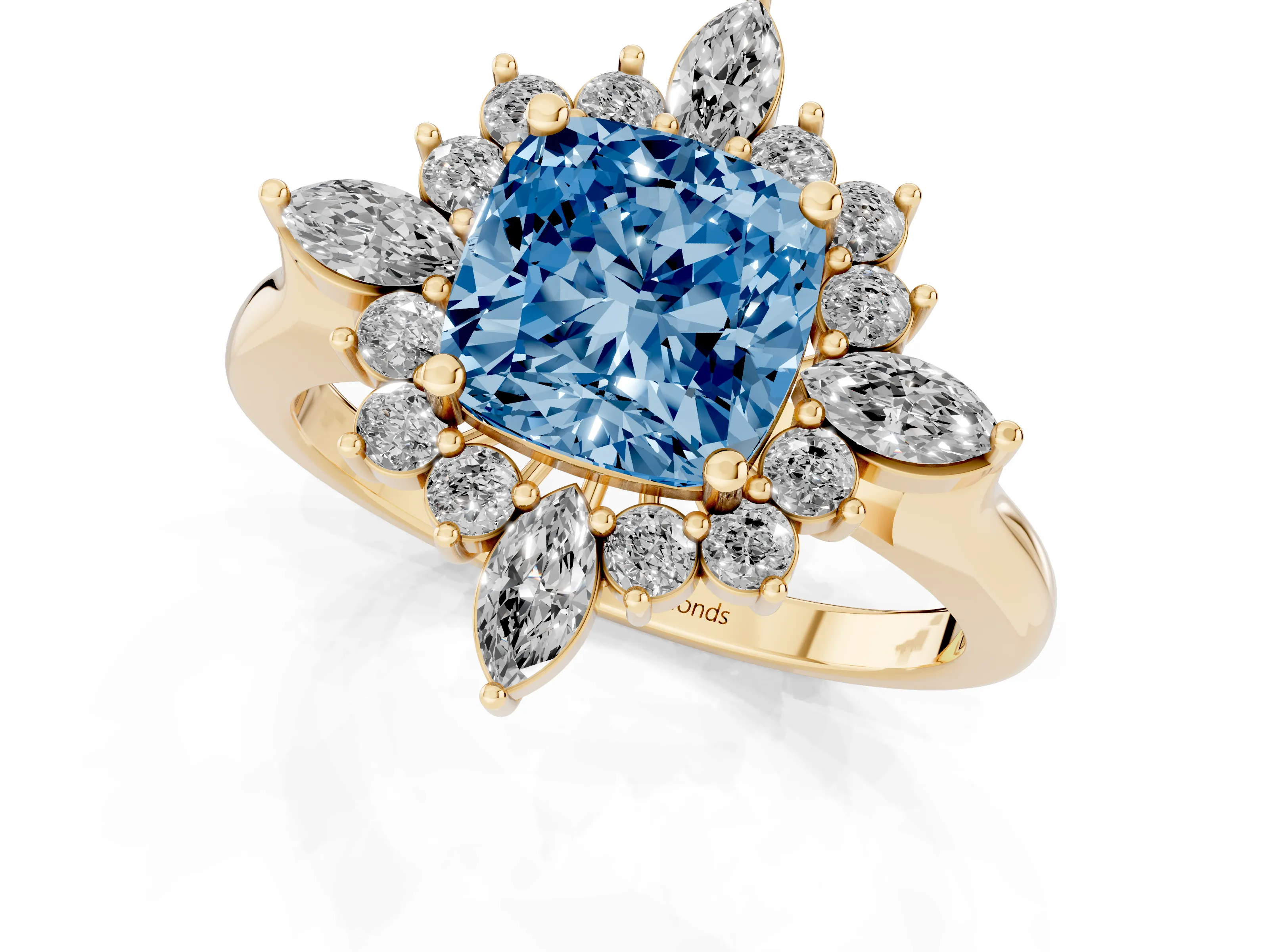 Fancy Blue Cushion Cut Diamond Cluster Halo Ring Set in Yellow gold with Marquise and Round Accents