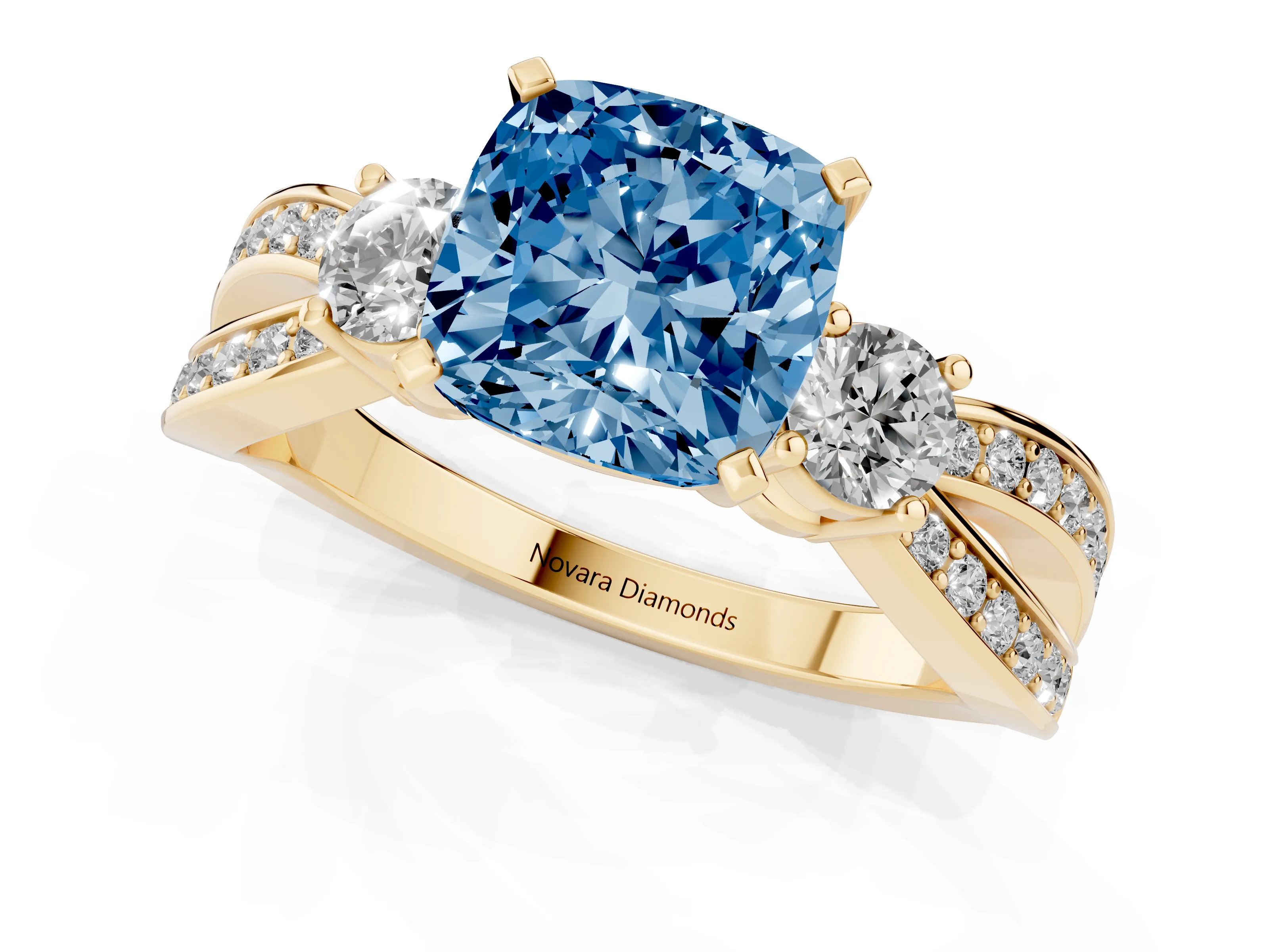 Fancy Blue Three-Stone Cushion Cut Diamond Twist Band Ring Set in Yellow gold with Pavé Accents and Prong Setting