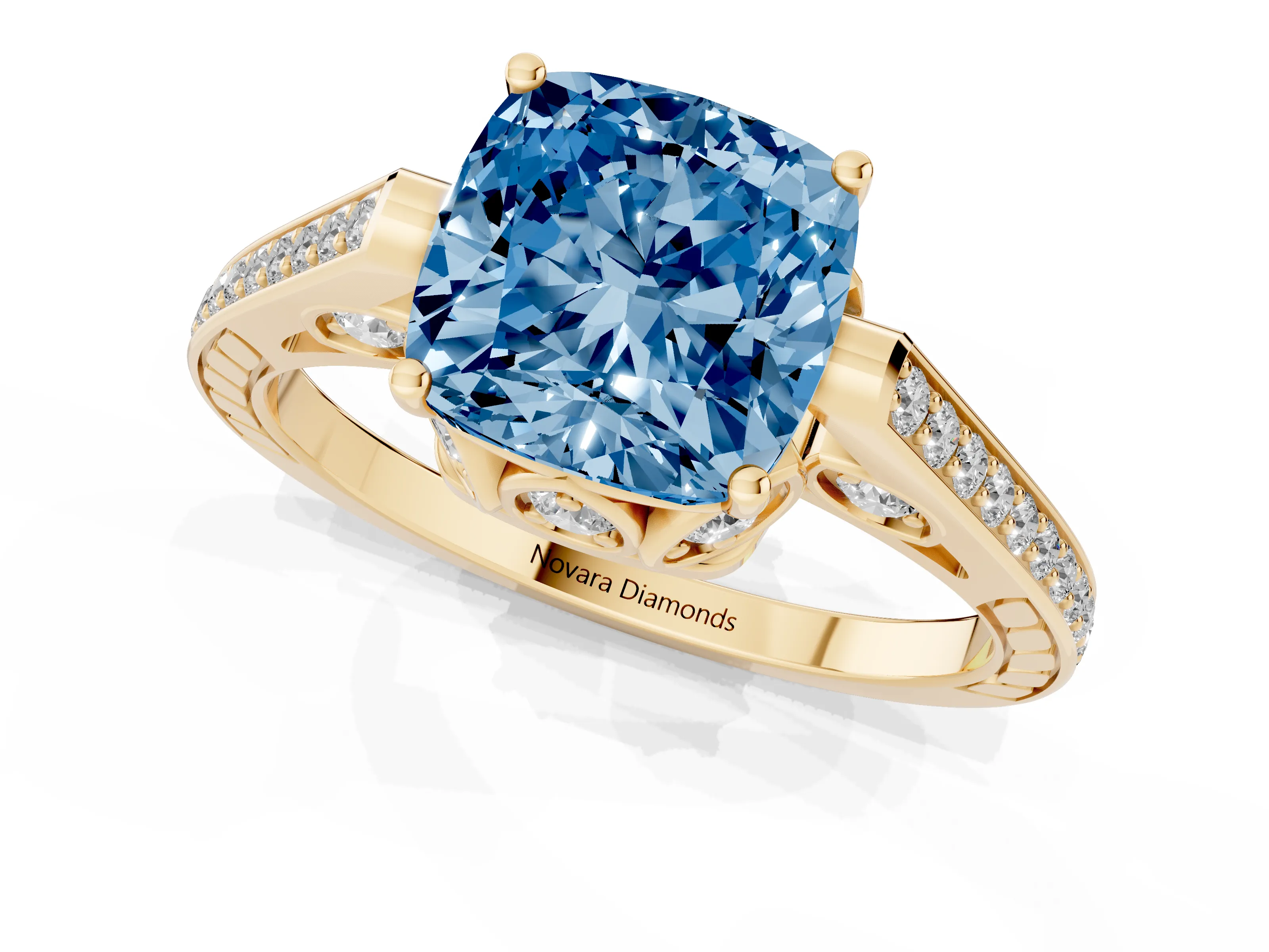 Fancy Blue Cushion Cut Diamond Cathedral Pavé Engagement Ring Set in Yellow gold with Prong Setting