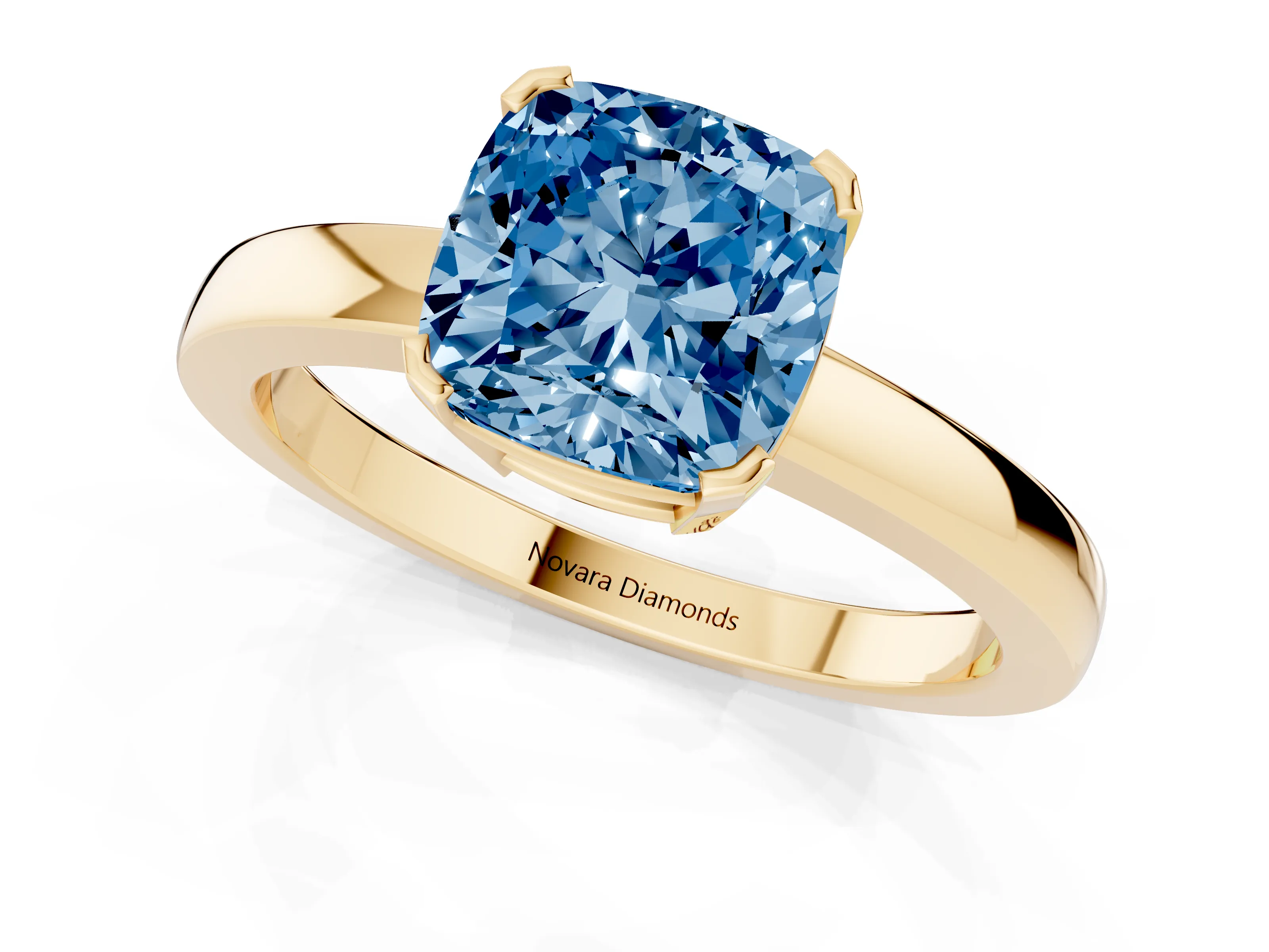 Fancy Blue Cushion Cut Diamond Solitaire Ring Set in Yellow gold with Prong Head and Smooth Polished Band