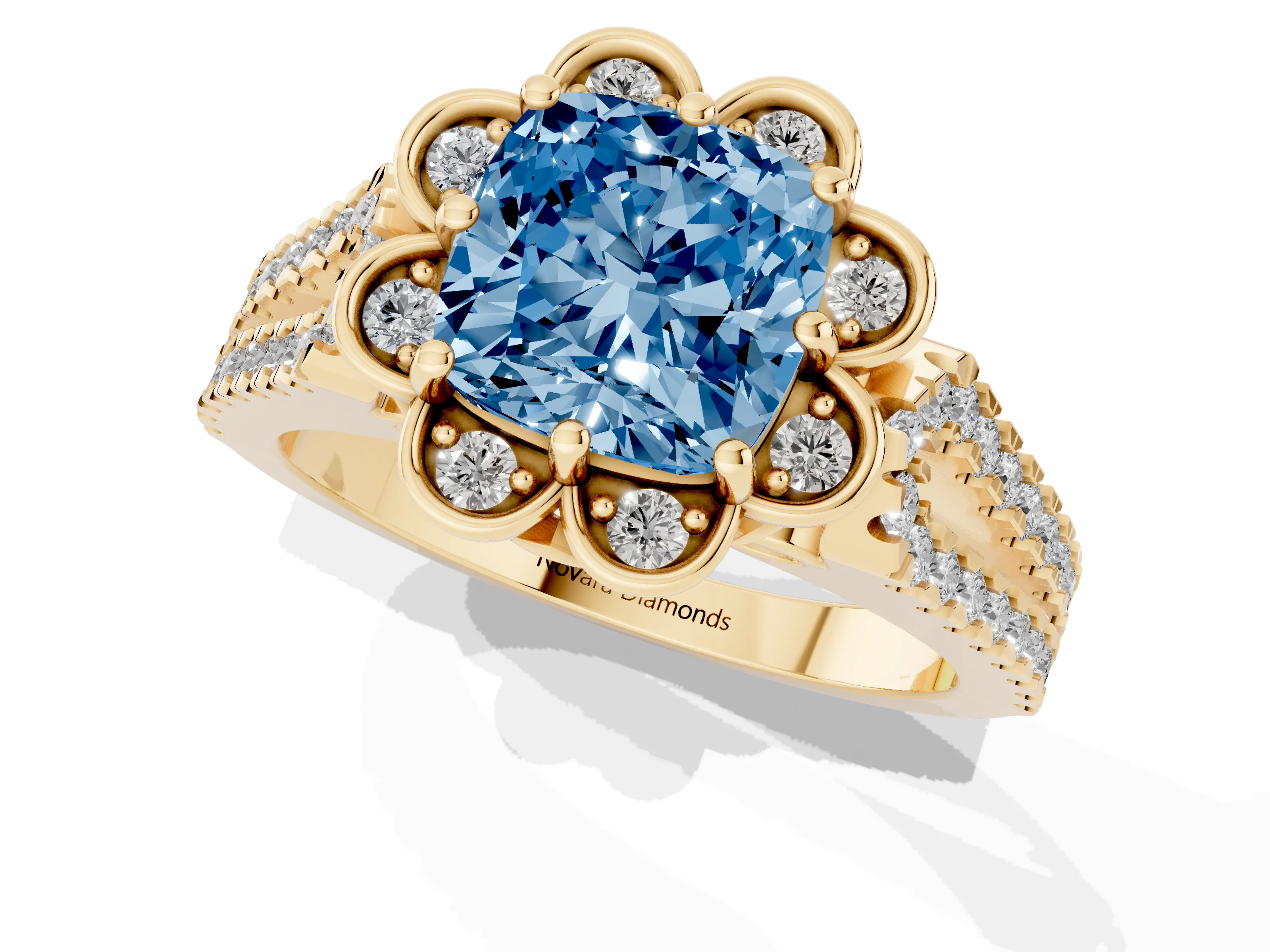 Fancy Blue Cushion Cut Diamond Floral Halo Split Shank Engagement Ring Set in Yellow gold with Pavé Shank