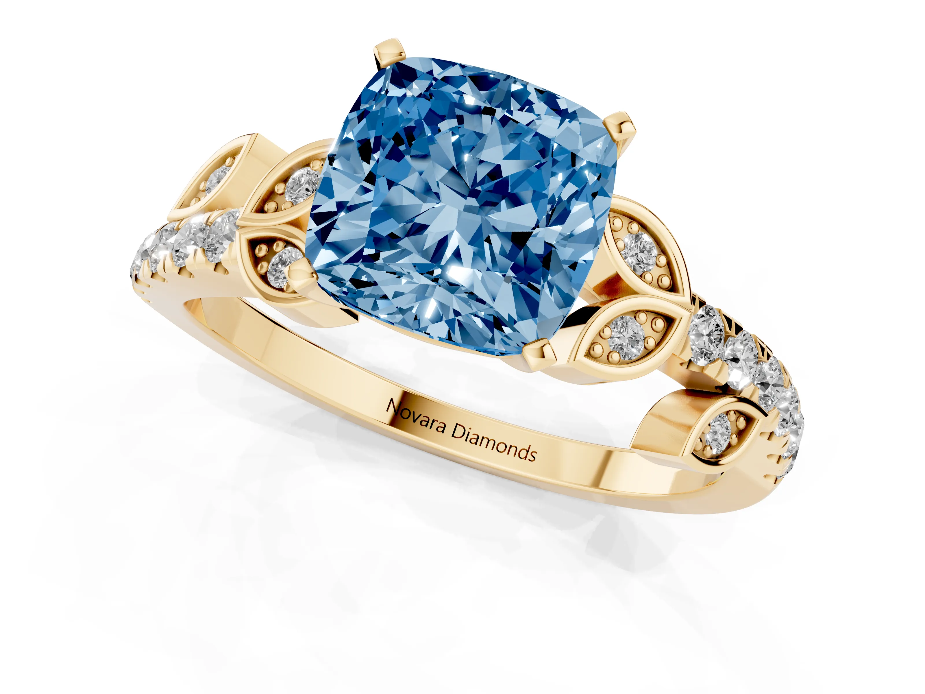 Fancy Blue Cushion Cut Diamond Solitaire Leaf-Inspired Ring Set in Yellow gold with Pavé Band and Prong Setting
