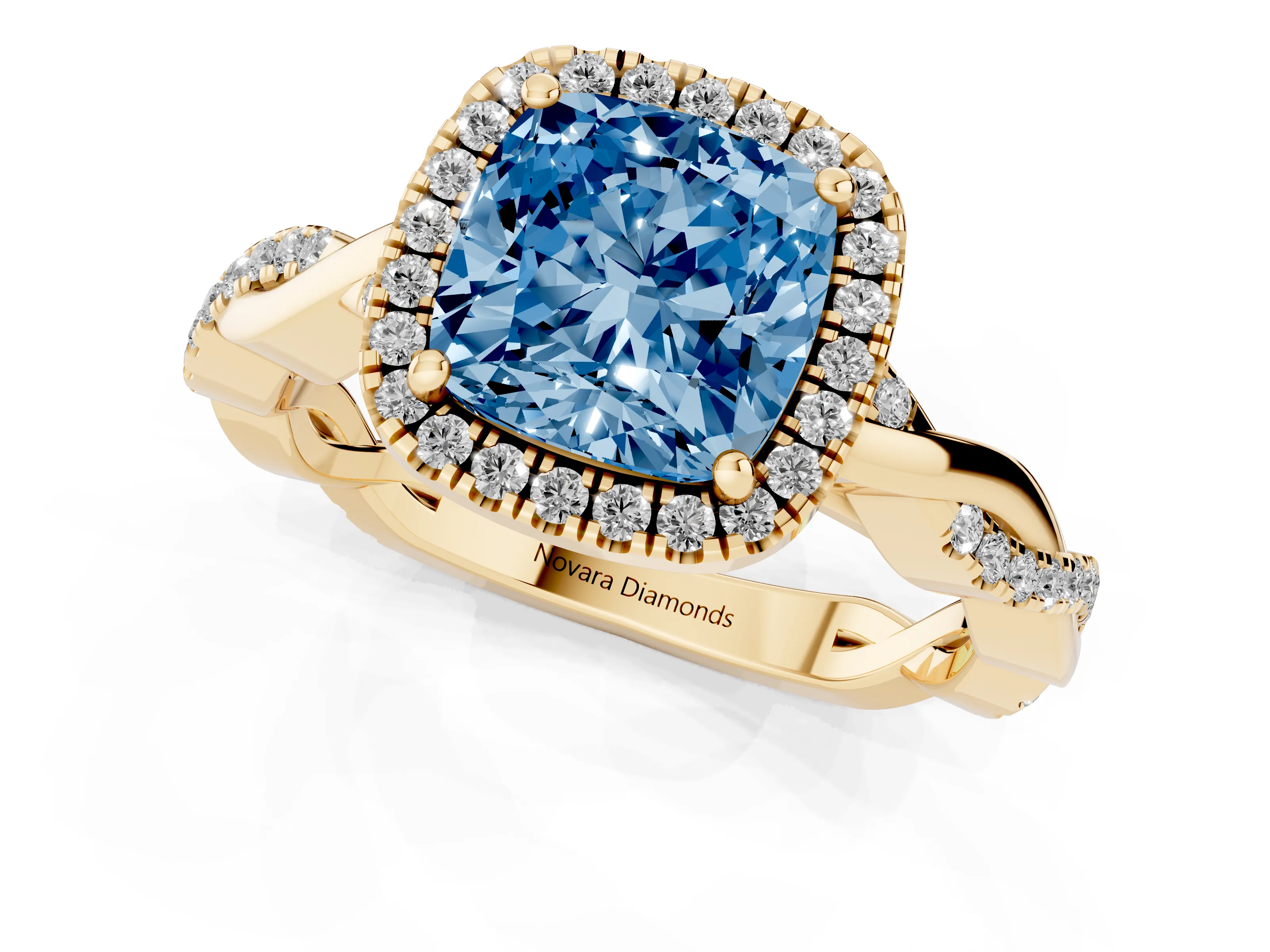 Fancy Blue Cushion Cut Diamond Halo Twisted Band Ring Set in Yellow gold with Prong Setting